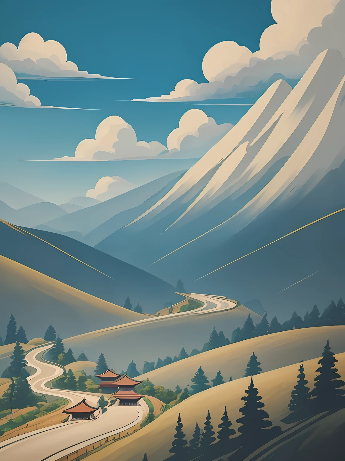 (Zen painting style, simple style, clear blank clouds) :( characters: 1) + (scenery: 1) + (color: 1), characters sitting still, breeze blowing, tree shadows, winding roads, mountains surrounded by distance, picture white enough, pay attention to the balance and harmony of the picture. Wutaishan Real photo