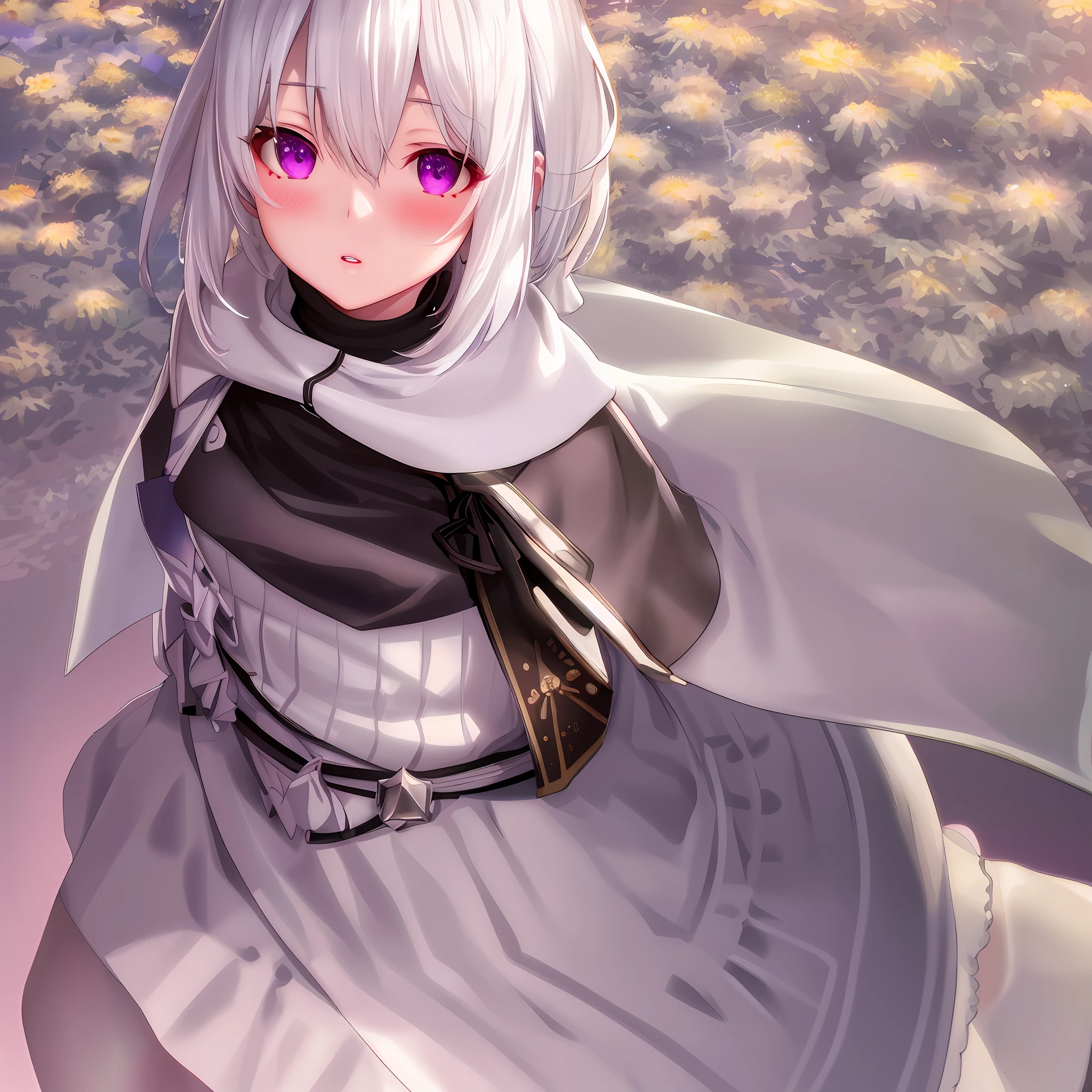 Realistic, 1girl, white hair, purple eyes, glowing eyes, cropped top, skirt, parted lips, blush, night, flowers, sun, sunlight, white skirt, short skirt, medium length hair, real, warm colors, white short Dress, white clothes, light background color, day environment, bright color background, saudi, ocean, cute,