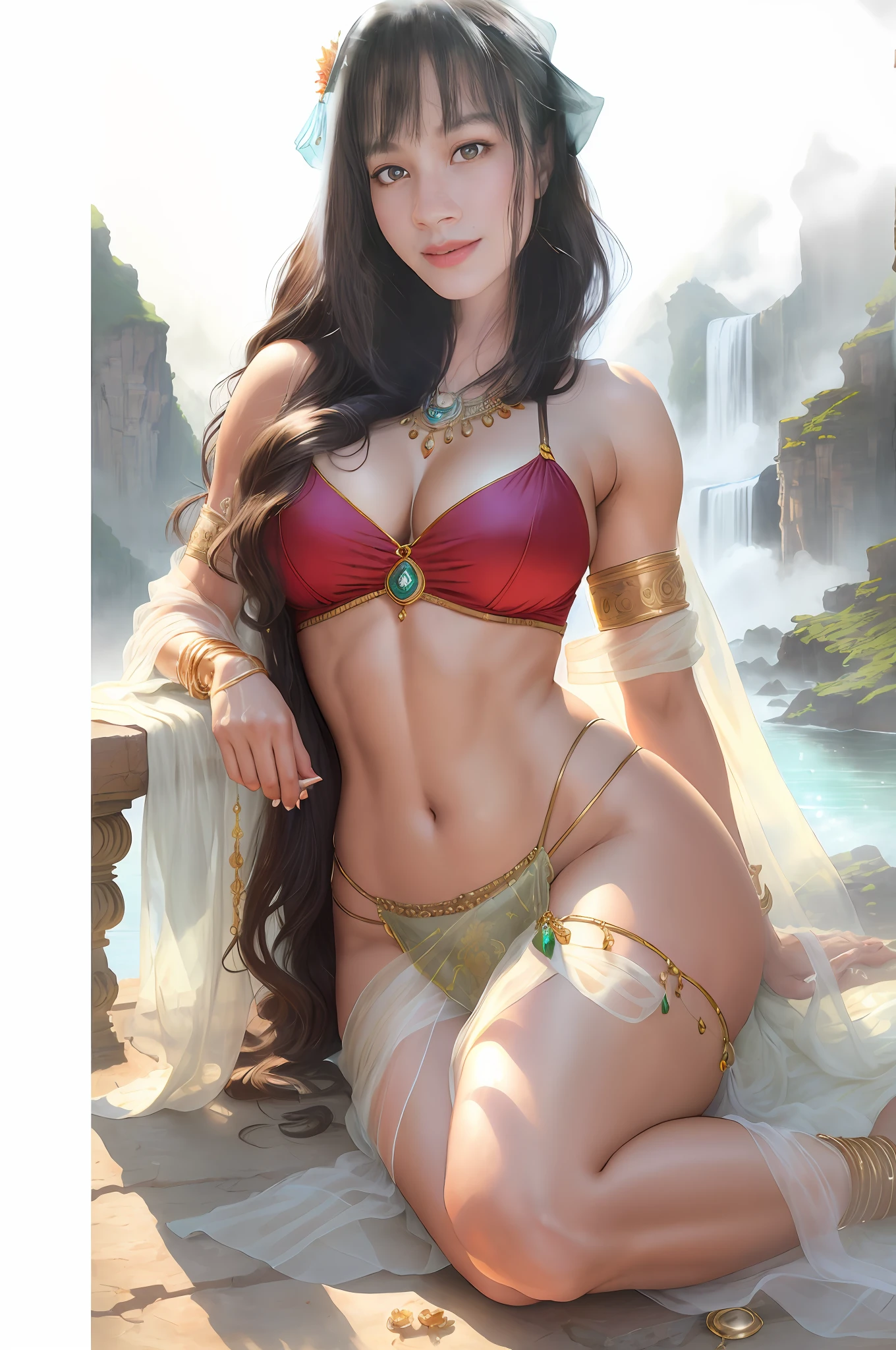 ((realistic:1.5)),((best quality)), ((masterpiece)),((detailed)), (1girl), {a beautiful female wearing a Sari}, (upper body:1.3),super-wide-angle lens,face focus, mature,sexy,toned muscles,long legs,curvy, barefoot, oversized firm breasts, open cleavage, drooping breasts, thick thighs,wide hips, thin legs, green eyes,long black hair,floting hair,long eyelashes, (detailed face,beautiful eye, detailed pupilss,detailed clothes features, clear background:1.3), (Bindi,Jhumkas:1.3), (Armlet, Haar, Payal,Maang Tikka,Jhumkas,Kamarband,Bangles:1.3), mysterious ancient ruin, lush forests, deep canyons,bridge,river,cliff,cloud, lakes,rock,waterfalls, flowers, grass, fog,vine,tree, smoke, best shadow,bright details,sharp,perfect composistion, Intricate, Sharp focus, dramatic, by Frank Frazetta,by Julie Bell,by Olivia De Berardinis,by Luis Royo,by boris vallejo, (specular lighting:1.3),rim light, princesses, royal skimpy underwear, random red/gold color, laying on the floor, spooning her friend, thirsty face, erotic face, lips open, almost undressed, escorted by male soldier