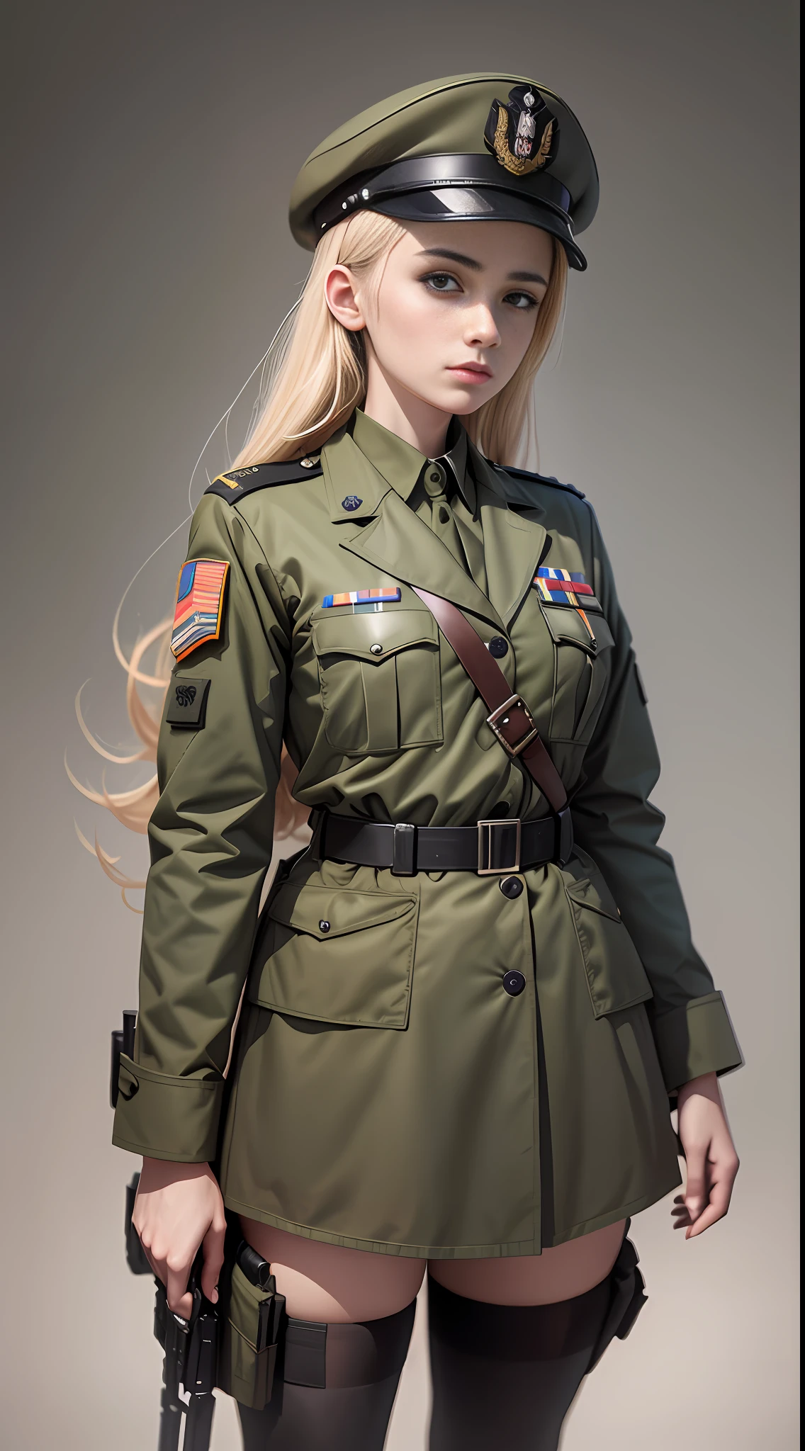Women in uniform stand in front of a group of soldiers, Color photo of Emma Andievska, tumblr, Wearing a military uniform, Wearing a military uniform, Full uniform, Wearing a black military uniform, Wearing a military uniform, girl in uniform, Officer uniform, Wearing a military uniform, Wearing a general's uniform, Full uniform, slodier uniform, Digital art, Surrealism, UHD, textured skin, highres