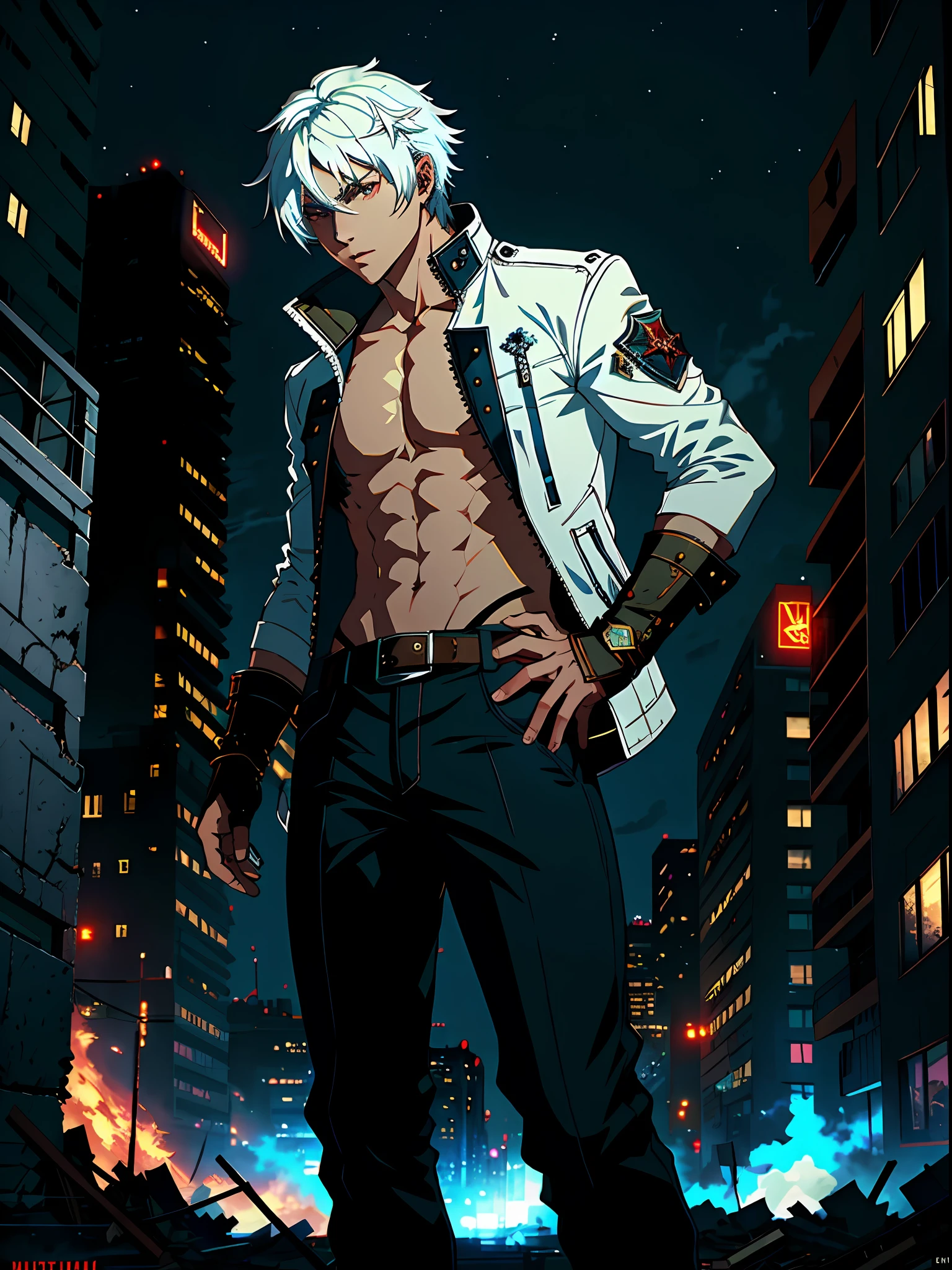 (masterpiece, best quality:1.2), 1boy, dante, white hair, open clothes, coat, fingerless gloves, belt, city, detailed eyes, destroyed buildings, destruction, (night:1.4), natural lighting, cinematic, epic, Battle pose, surrounded by blue fire, wallpaper 4k, highest quality digital art, Stunning art,8k,64k, HD, unparalleled masterpiece, dynamic lighting, cinematic, epic