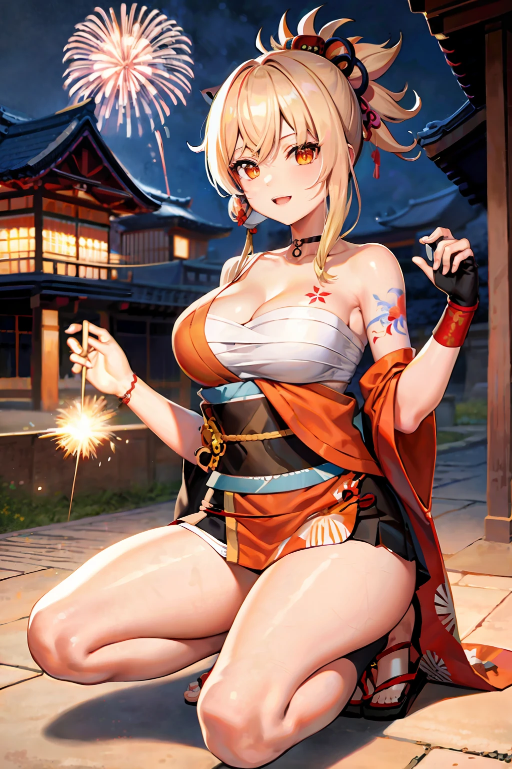 masterpiece, exquisite, high-resolution, single woman, blonde, medium hair, asymmetrical hair, floating hair, blindfold, high ponytail, side lock, hair ornament, fish hair ornament, tassels, kanzashi, bangs, orange eyes, open mouth, smile, teeth, upper teeth only, choker, red choker, pendant choker, butterfly choker, collarbone, tattoo, chest tattoo, flower tattoo, cleavage, middle chest, thighs, bandages, bandaged legs, sarashi, budget sarashi, chest sarashi, black sash, hadanugi dosa,, kimono, kimono, drawstring, obi, obiage, obijime, orange kimono, drawstring, patterned kimono, rope, obi, shimenawa, short kimono, bare shoulder, genshin, east east Asian architecture, cherry blossoms, full body, squatting, sparkler, night, fireworks, fireworks, legs crossed,  Feet, Single Gloves, Single Fingerless Gloves, Wristband, Black Socks,