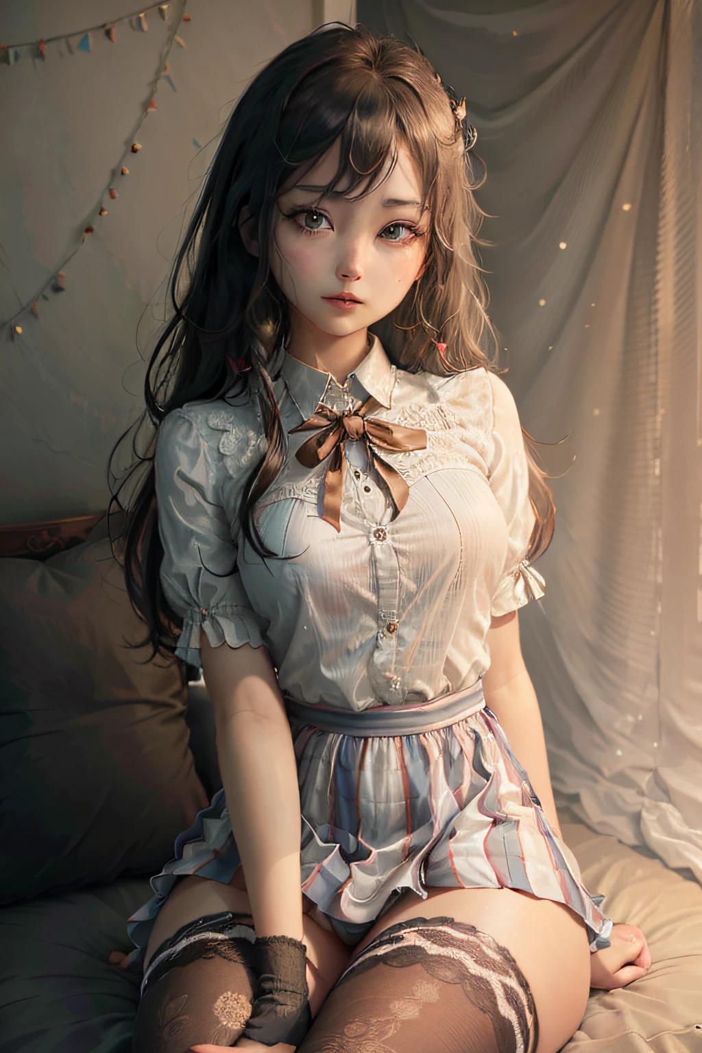 ulzzang-6500-v1.1, (raw photo:1.2), (photorealistic:1.4), beautiful detailed girl, solo, 1girl, yukinoshita yukino, twintails, blue eyes, detailed iris, looking at viewer, sitting, school uniform, white shirt, plaid skirt, loosse unfastened ribbon, black cotton thighhighs, very detailed eyes and face, beautiful detailed eyes, super detailed, high resolution, very detailed, best quality, masterpiece, kemomimi, ((girls' high school uniform)), illustration, very detailed, CG, unified, 8k wallpaper, amazing, fine details, masterpiece, best quality, very detailed CG uniform 8k wallpaper, face light, cinematic lighting, (without panties)), ((dynamic pose))), (camel toe), (bent knees and legs sitting))