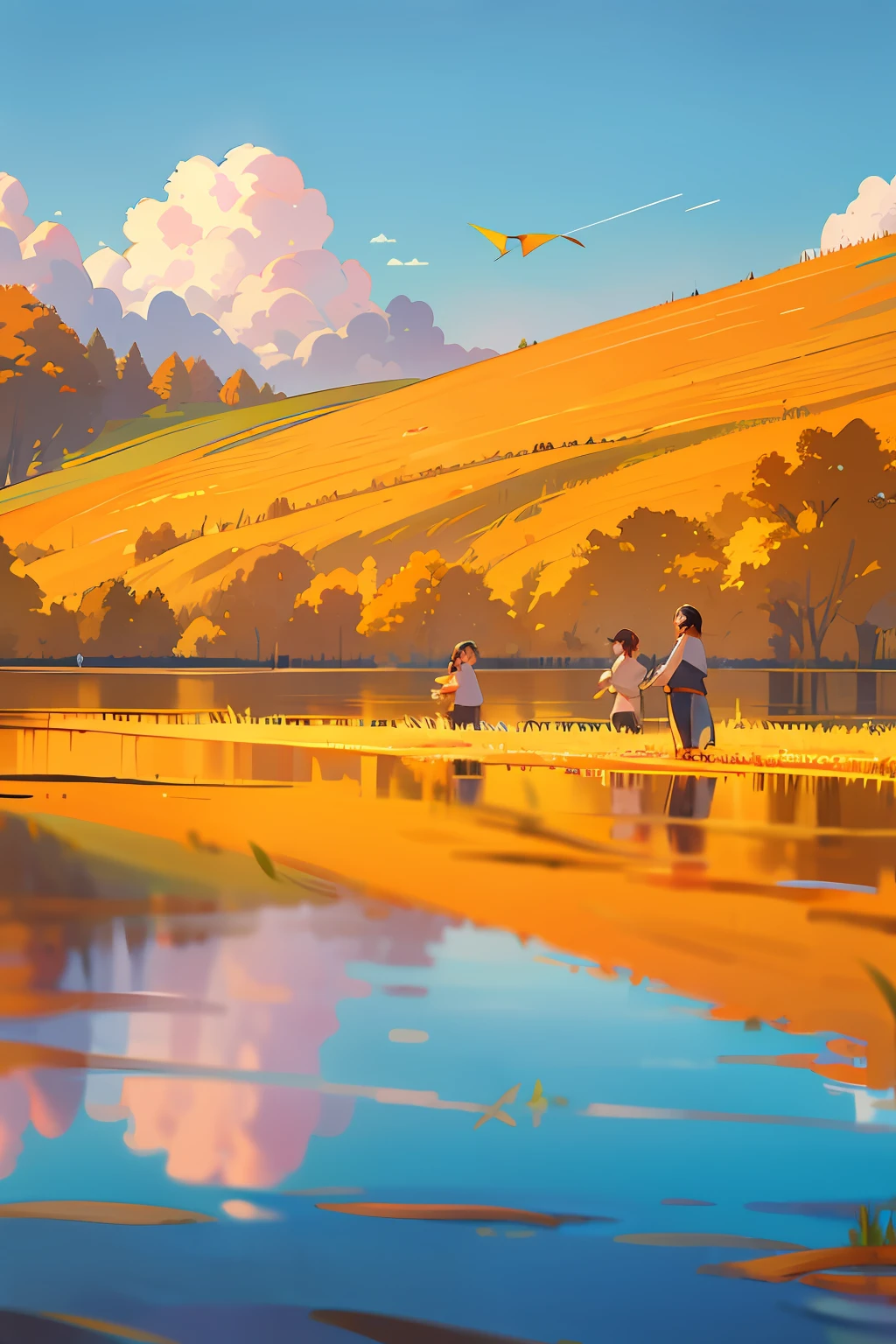 By the tranquil lake surrounded by trees, a group of children frolic and splash. The surface of the lake is sparkling, reflecting the reflection of the blue sky and white clouds. Along the lake, there are families having picnics in the shade of the trees and enjoying the good summer days. In the distance, golden wheat fields swing in the wind, like a golden ocean. Farmers are harvesting their crops to celebrate the harvest season. There are also young people flying kites on the other side of the field, and colorful kites dance in the blue sky.