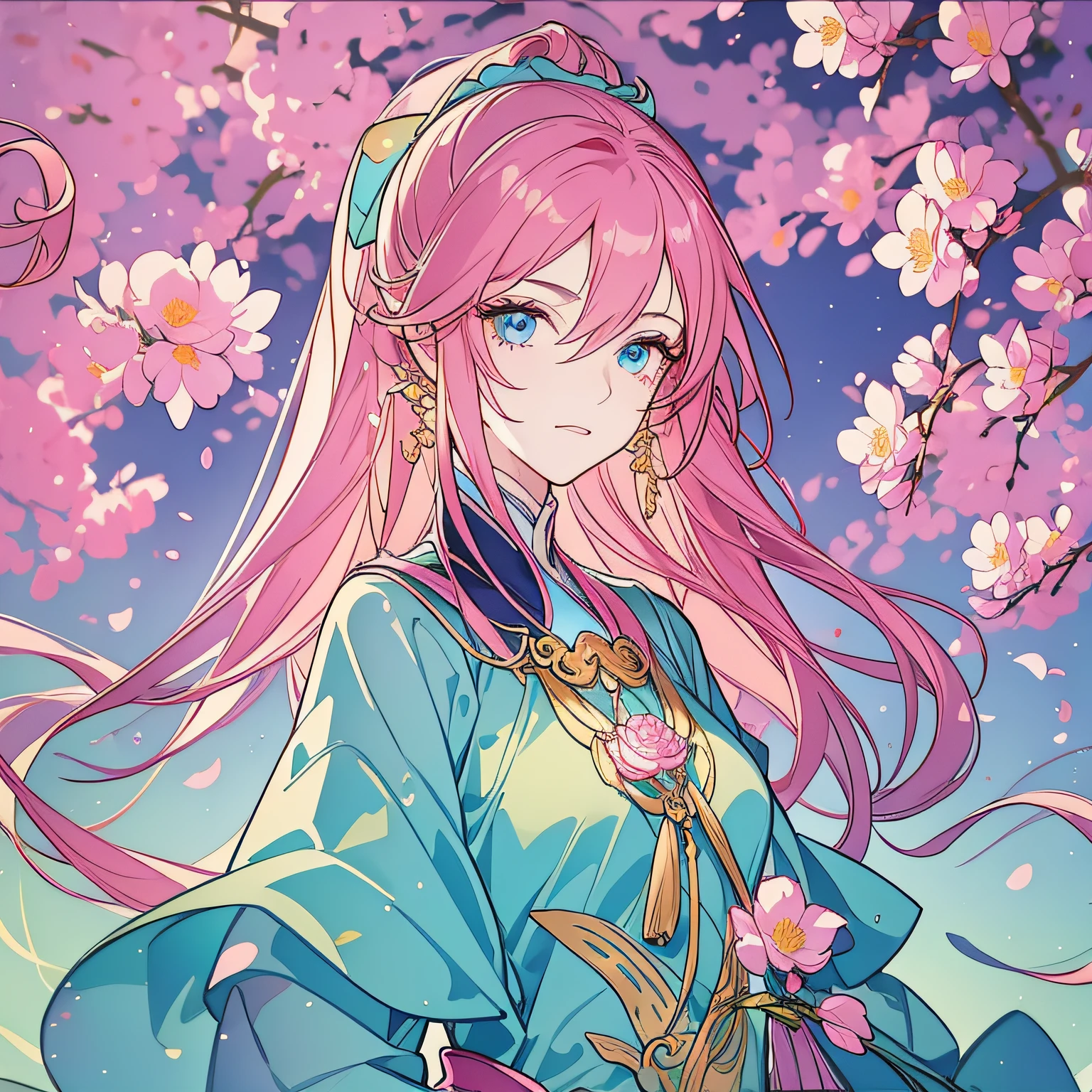 (masterpiece), (best quality), (ultra detailed),(disheed hair),(illustration), (1girl), (Fashionable clothing), standing, Fashion model, looking at viewer, (interview), (simple background), ink painting, antique, beautiful and detailed eyes, delicate beauty, floating, (high saturation), (colorful splash), colorful bubbles, (shine), focus on face, long pink hair, double ponytail, floating flowers, shiny), best lighting, best shadow,