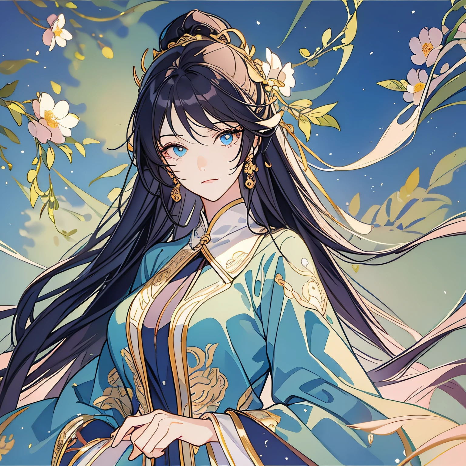 (masterpiece), (best quality), (ultra detailed),(disheed hair),(illustration), (1girl), (Fashionable clothing), standing, Fashion model, looking at viewer, (interview), (simple background), ink painting, antique, beautiful and detailed eyes, delicate beauty, floating, (high saturation), (colorful splashes), colorful bubbles, (shine), focus on face, black hair, hair circles, floating flowers, shiny), best lighting, best shadows,