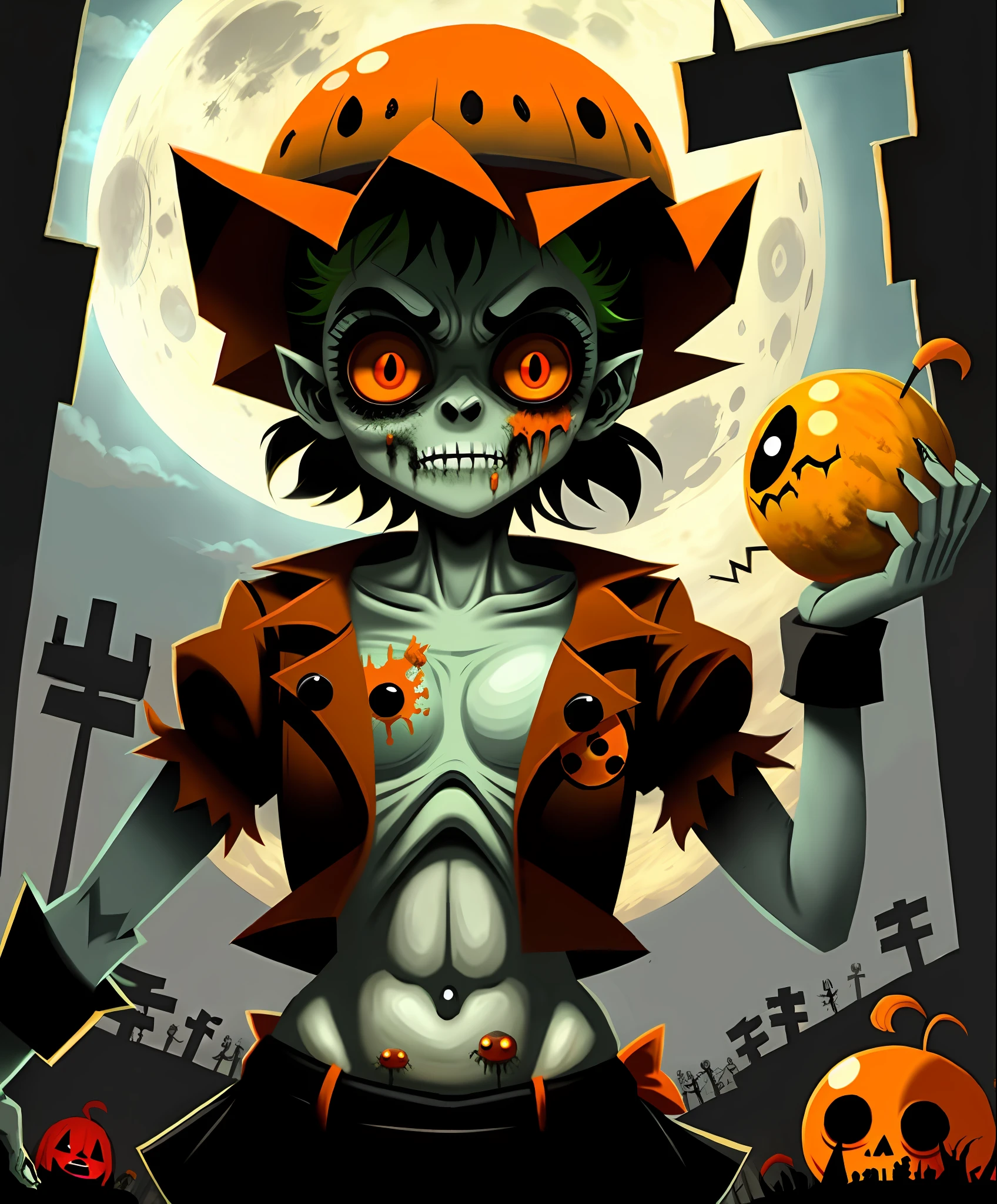 funny zombie,orange,cute,big eyes,masterpiece,full moon,alley