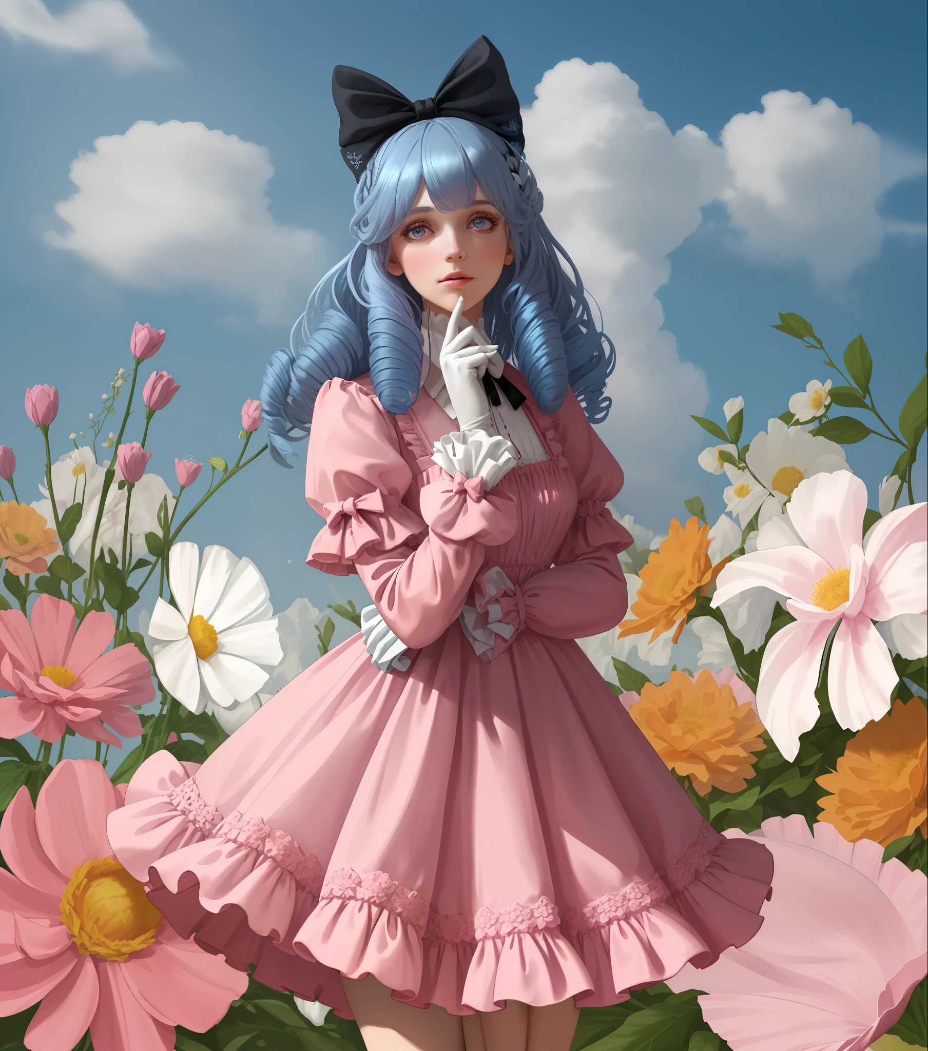 1girl, cute girl in a pink fluffy dress, ((curly bright blue hair)), very long eyelashes, white collar, white gloves, Malvina , Best Quality, Ultra High Resolution, extremely detailed CG unity 8k, ((big black bow on head)), nature background, giant flowers on background