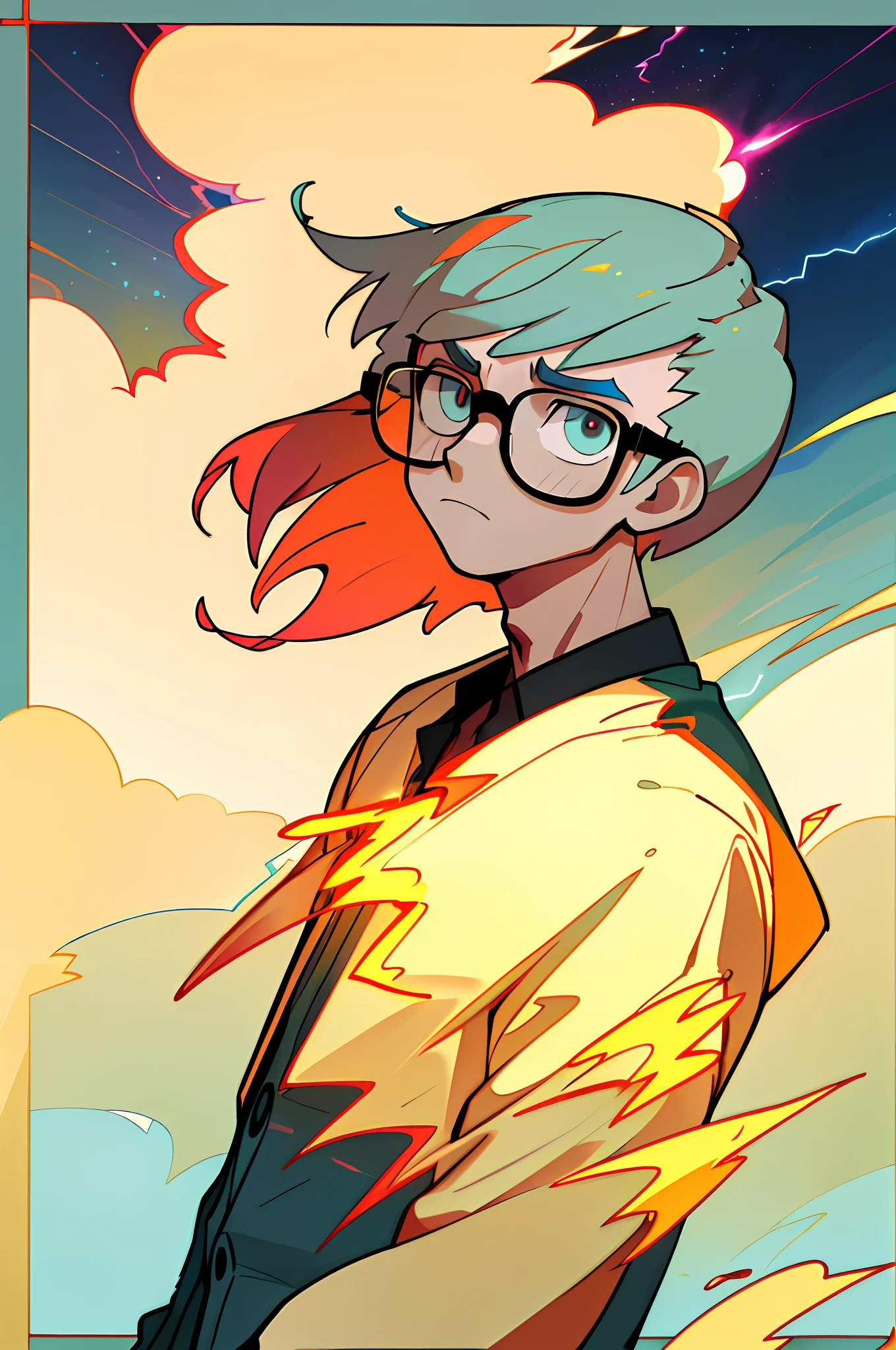 (Excellent, Masterpiece), A Man, Subculture, Shirt, Trendy Color Scheme, Wind, Particles, Various Colors Flower Background, Blue Square Frame Glasses, Upper Body, Lightning Particles Flash