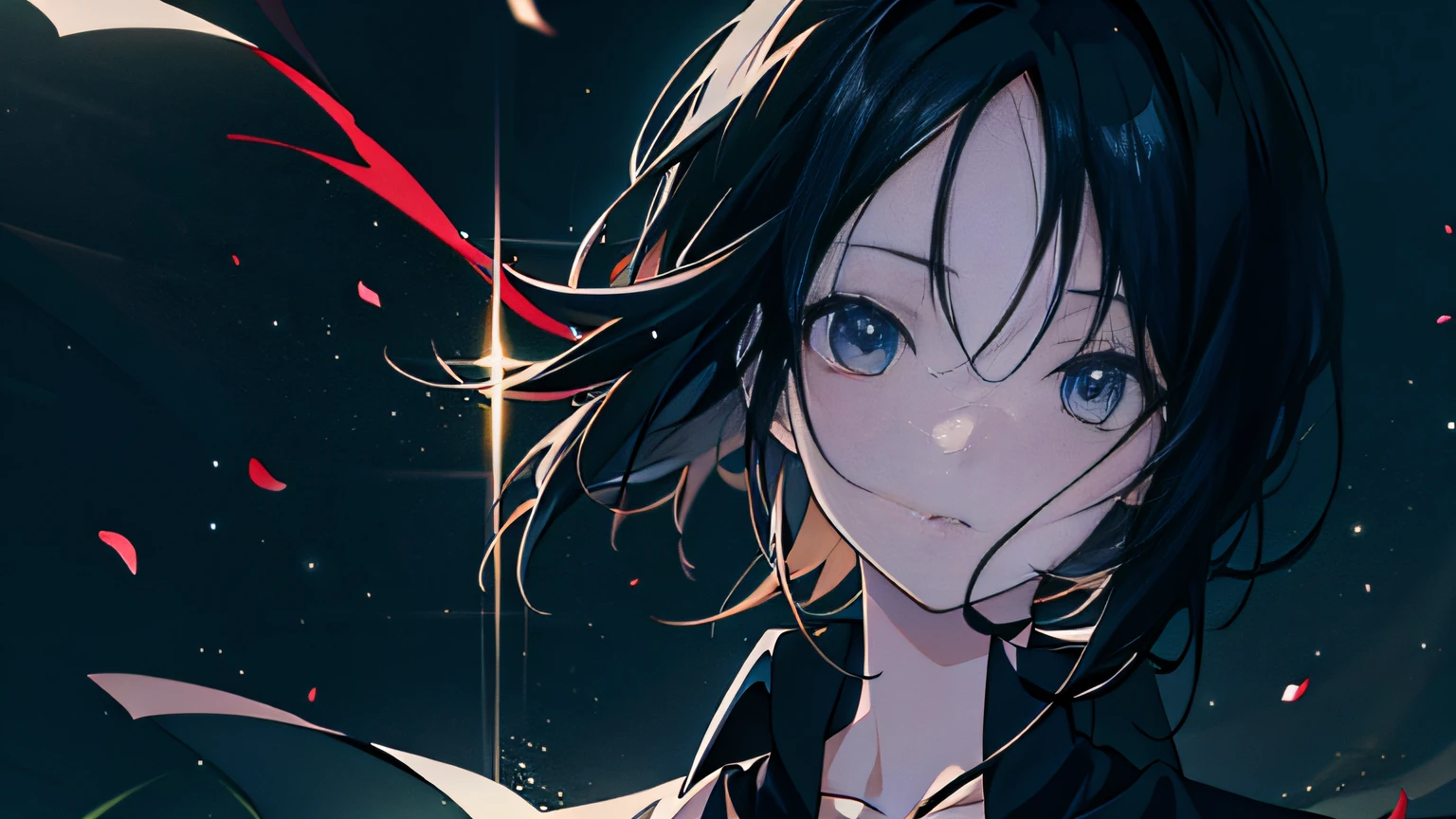((anime style)), black hair, 8K, ((Masterpiece), half-body, looking at the camera