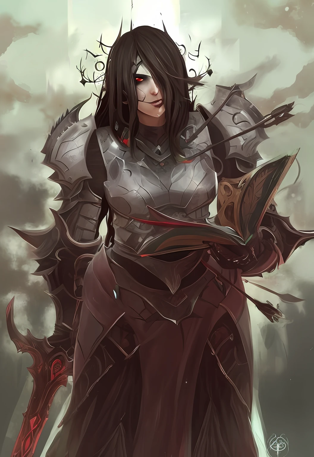 a high qualide image, 8k, high detail, of a woman in armor holding a book, blood knight, a very beautiful berserker woman, dark fantasy character design, female knight, dark fantasy concept art, miserable and corrupted knights, dark fantasy style art, scary knight, female necromancer, dressed in worrier armor, female vampire warrior, sacred cyborg necromancer girl