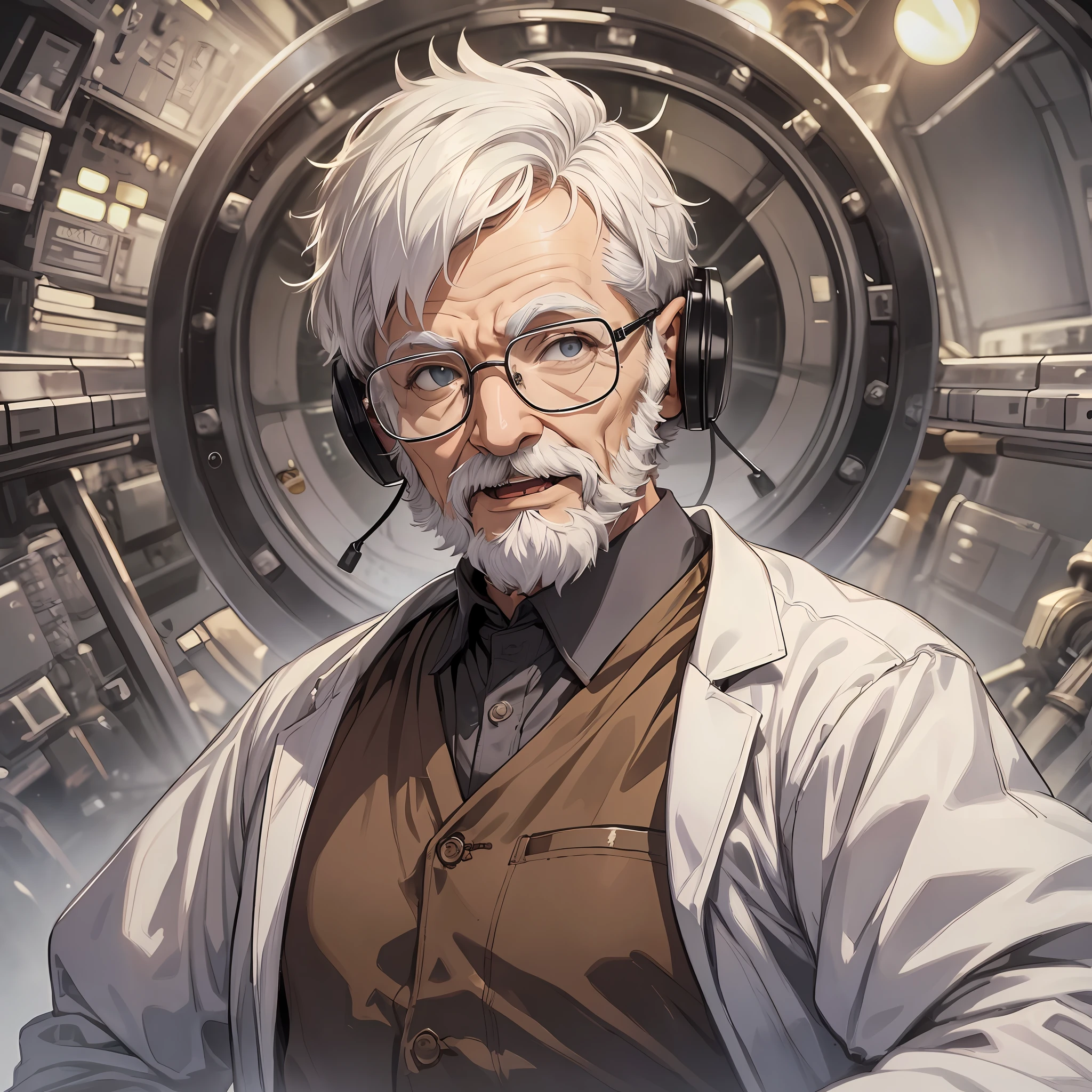 1 scientist dressed up as an old man with short white hair, scientist, excited expression, covered ears (1.5) background scientific research base, looking at the sky