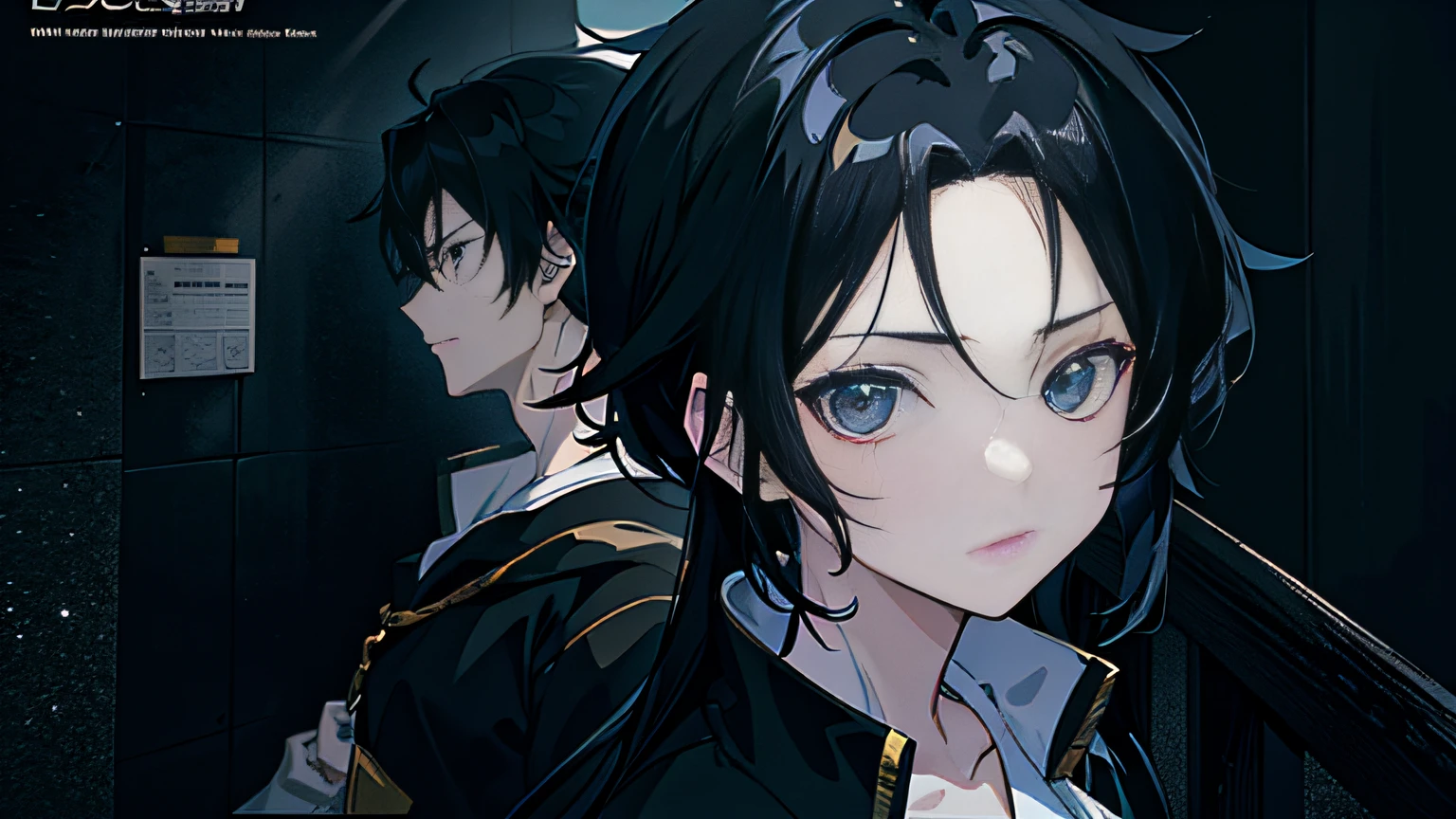 ((anime style)), black hair, 8K, ((Masterpiece), half-body, looking at the camera