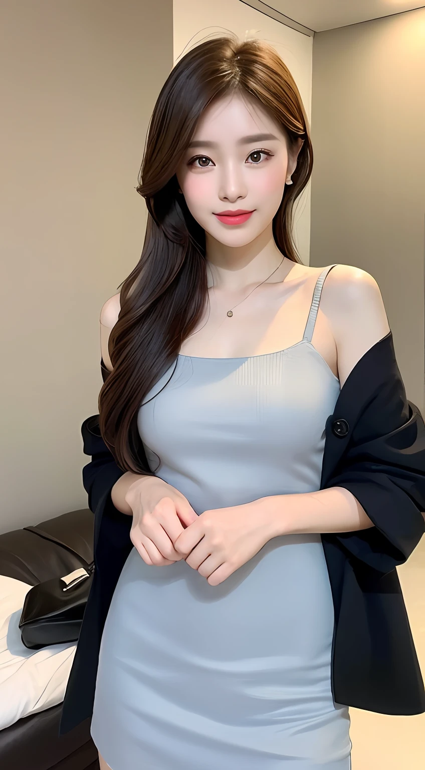 (A Korean woman), 1girl, realism, ((best quality, 8k, masterpiece: 1.3)), Nikon camera, camera aperture F1.2, photo texture, in bedroom, high contrast, (an elegant dress), (face close-up), detailed eyes, long eyelashes, fine skin texture, fine fabric texture, such as a black or dark blue slim dress, paired with a pair of mid-heeled heels, can enhance the temperament. You can match it with a simple short jacket to increase the sense of layering and professionalism, with a simple and elegant handbag, it looks more decent, the hairstyle can choose a simple and neat low ponytail or a smart straight hair, the hair color should choose natural brown or black, the skin tone should choose natural base makeup, with light color eyeshadow and lipstick, it looks more decent and delicate, (snow-white skin), whitened skin, smile
