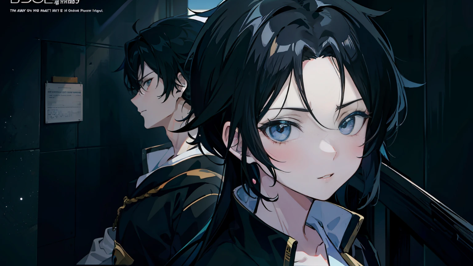 ((anime style)), black hair, 8K, ((Masterpiece), half-body, looking at the camera