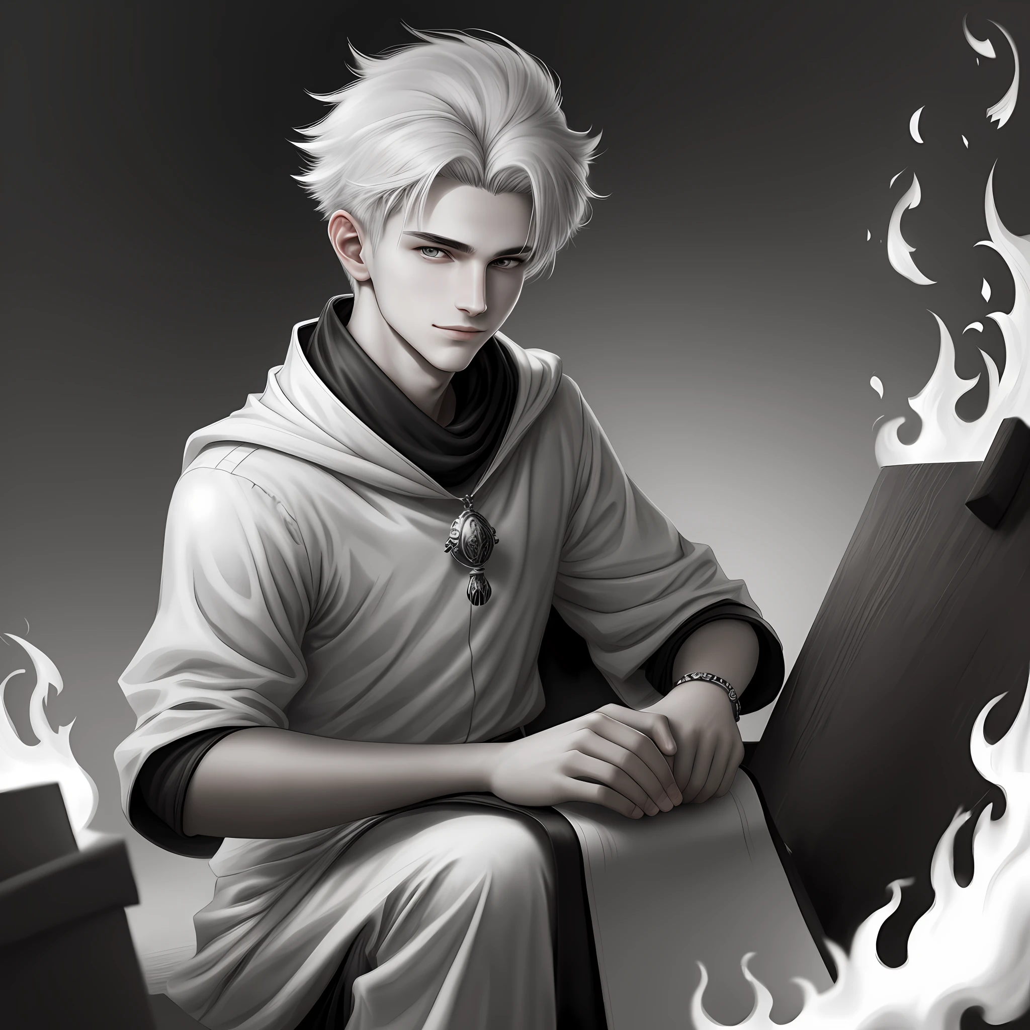 Black and white pencil drawing, clarity, young guy, 18 years old, light gray hair, short haircut, eyes, smirk, crown, fire, realism, fantasy