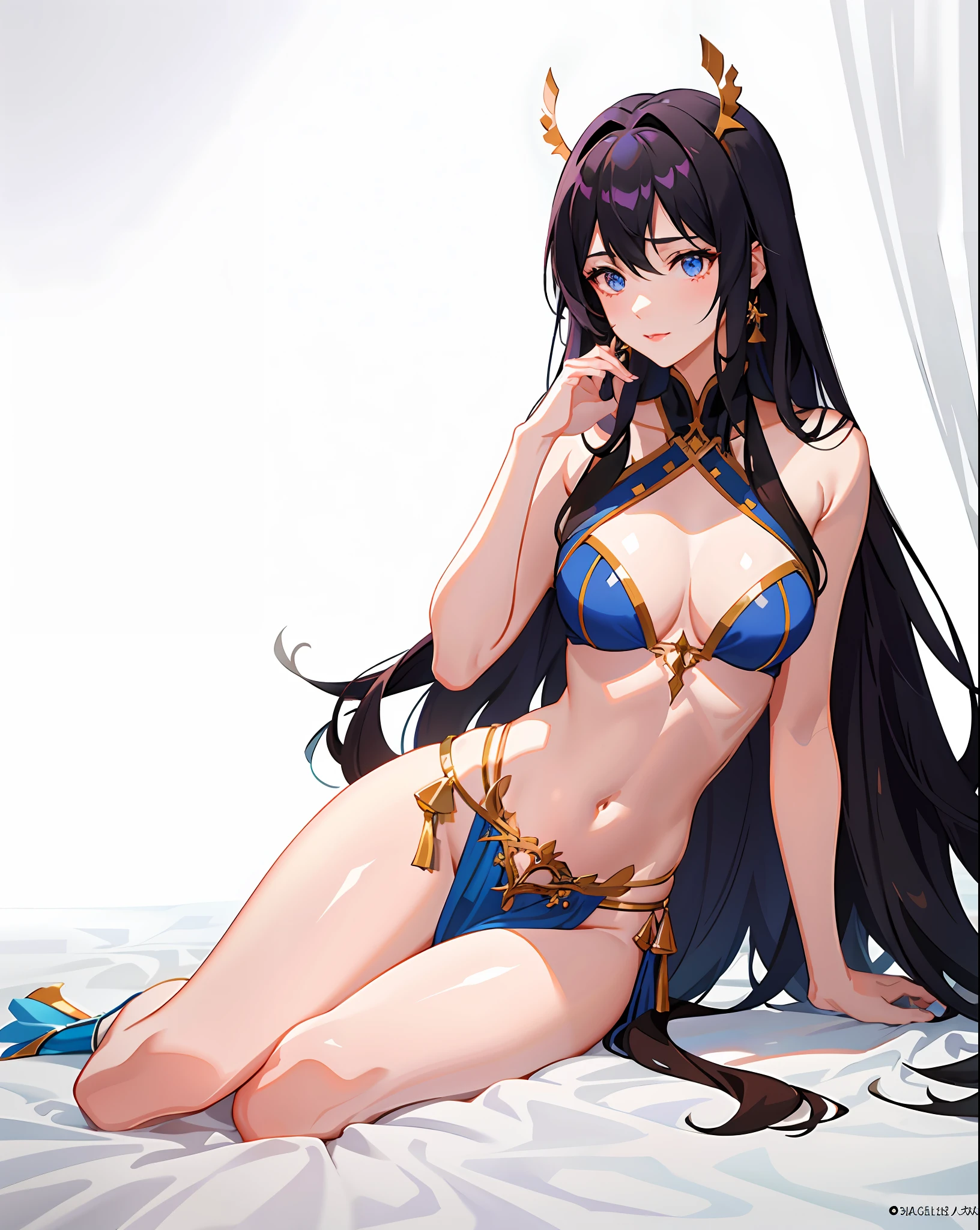 ishtar fate,fate/grand order, Red hair, light blue eyes, veil, arm cover, medium hair, wig, Enchanting and sparkling blue belly dance costume, extremely beautiful detailed anime face and eyes, depthoffield, finely detail, full_body, look_up_to, lips, sitting, beautiful detailed fullbody, flat chest, girl,woman,female, young,20 years old, long hair, flipped hair, asymmetrical bangs, hair between eyes, hair over shoulder, undercut, light brown hair, shiny hair, ahoge, Delicate facerain, blush stickers, lovely big eyes, closed_mouth, bare_shoulders, fingernails, medium_breasts, navel, , brown eyes, white skin, Beautiful accessories, earrings, choker, side-tie_bikini_bottom, beautiful bare back, high_heels, skindentation, cleavage_cutout, bare_legs, red Clothes, blue_sky, beach, blue_sky, beautiful detailed shadow, cover, extremely detailed CG 8k wallpaper, extremely detailed CG unity 8k, wallpaper 8k CG,