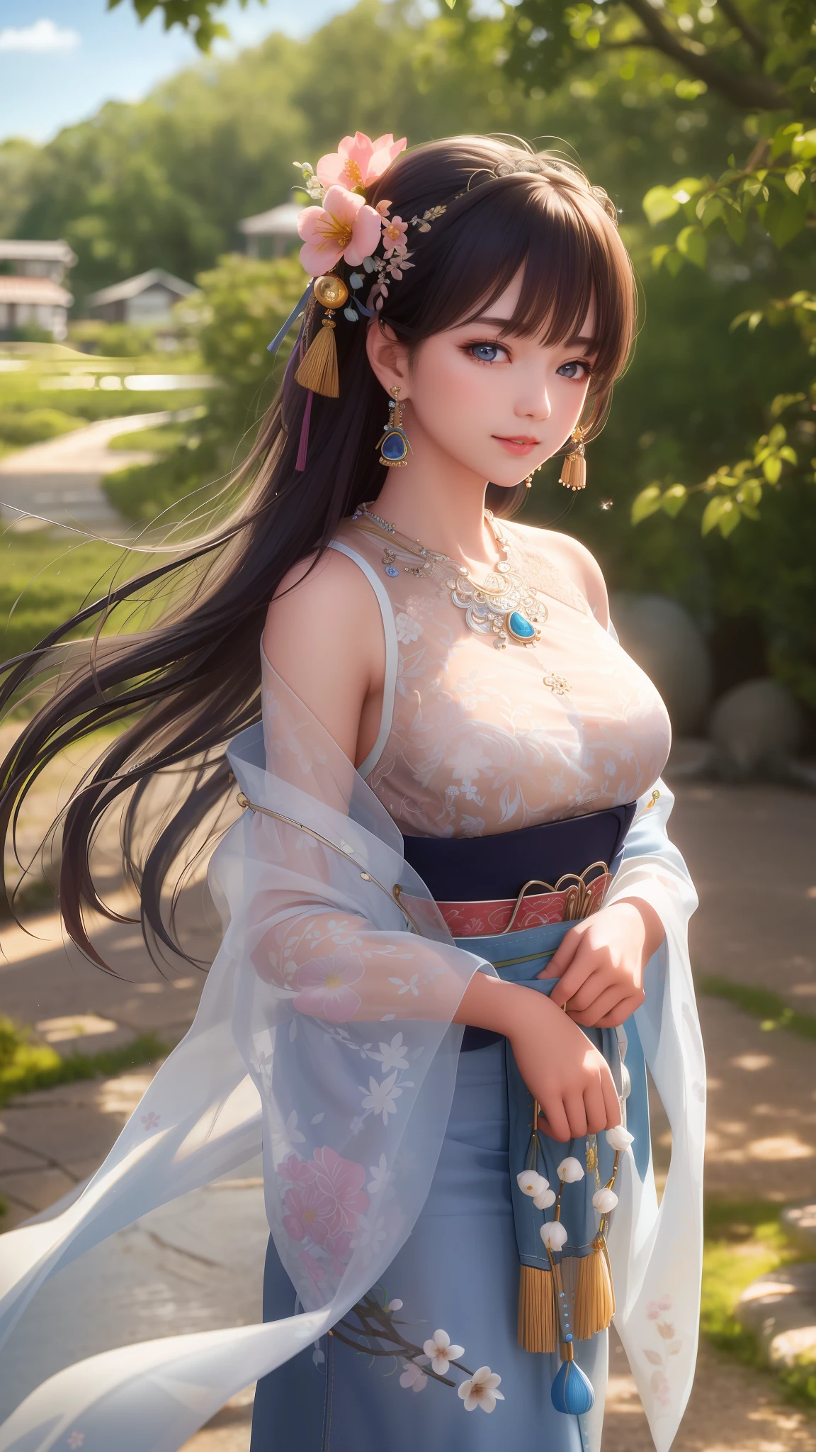 (masterpiece), (best quality), (ultra detailed),(highres), abrudrres, ultra realistic 4k CG, delicate pattern, intricate details, best illumination, best shadow, natural lighting, depth of field, blurry, 1girl, solo, medium_breasts,necklace,earrings,jewelry,black hair,solo,earrings,blue eyes,long hair,necklace,smile,hair accessories,shining skin,denim photo,Hanfu,floating hair,peach blossom,plum blossom,trees,outdoors,