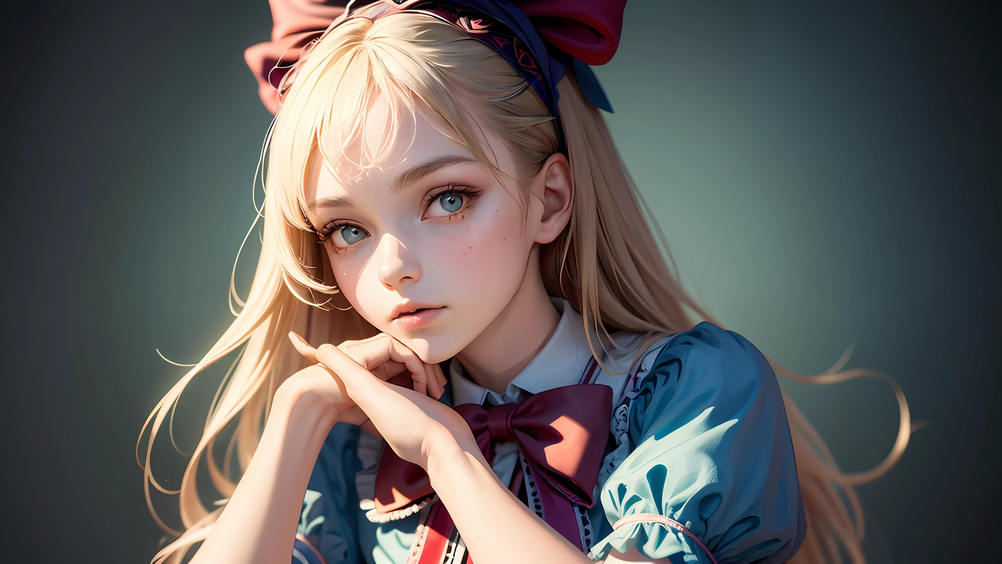 1girl, masterpiece, best quality, 8k, detailed skin texture, detailed cloth texture, beautiful detailed face, intricate details, ultra detailed, Alice in Wonderland, (a bow on her head:1.1), upper body