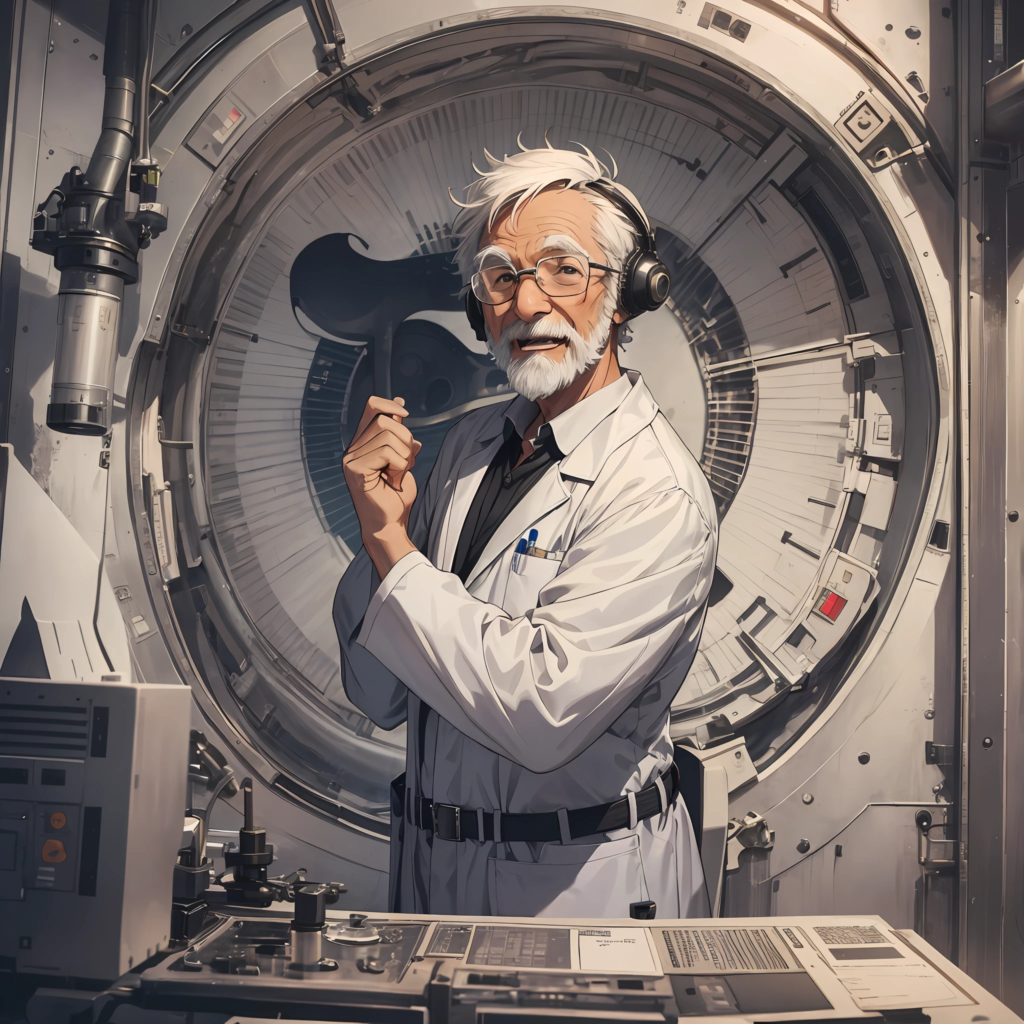 1 scientist dressed up as an old man with short white hair, scientist, excited expression, covered ears (1.5) background scientific research base, looking at the sky