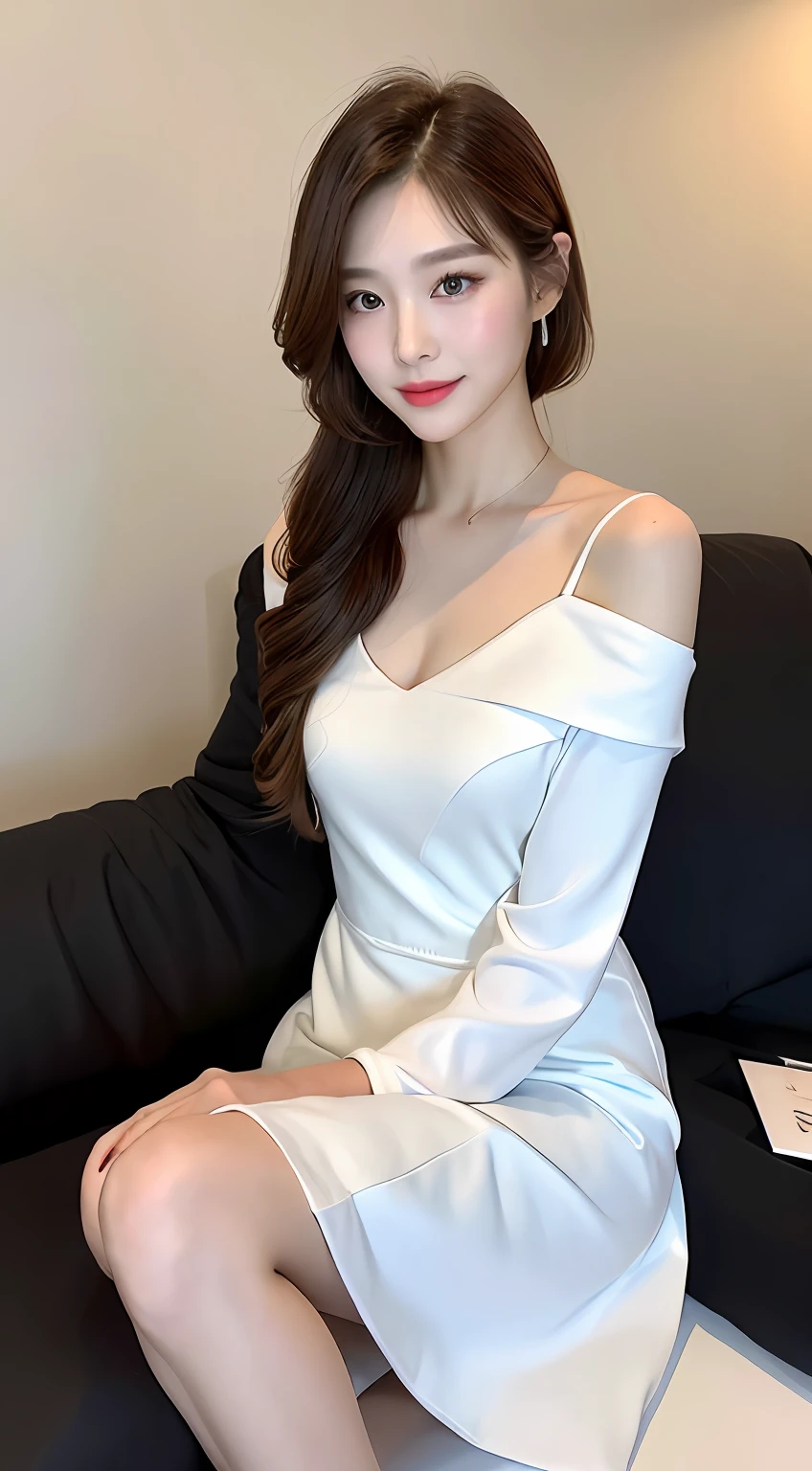 (A Korean woman), 1girl, realism, ((best quality, 8k, masterpiece: 1.3)), Nikon camera, camera aperture F1.2, photo texture, in bedroom, high contrast, (an elegant dress), (face close-up), detailed eyes, long eyelashes, fine skin texture, fine fabric texture, such as a black or dark blue slim dress, paired with a pair of mid-heeled heels, can enhance the temperament. You can match it with a simple short jacket to increase the sense of layering and professionalism, with a simple and elegant handbag, it looks more decent, the hairstyle can choose a simple and neat low ponytail or a smart straight hair, the hair color should choose natural brown or black, the skin tone should choose natural base makeup, with light color eyeshadow and lipstick, it looks more decent and delicate, (snow-white skin), whitened skin, smile