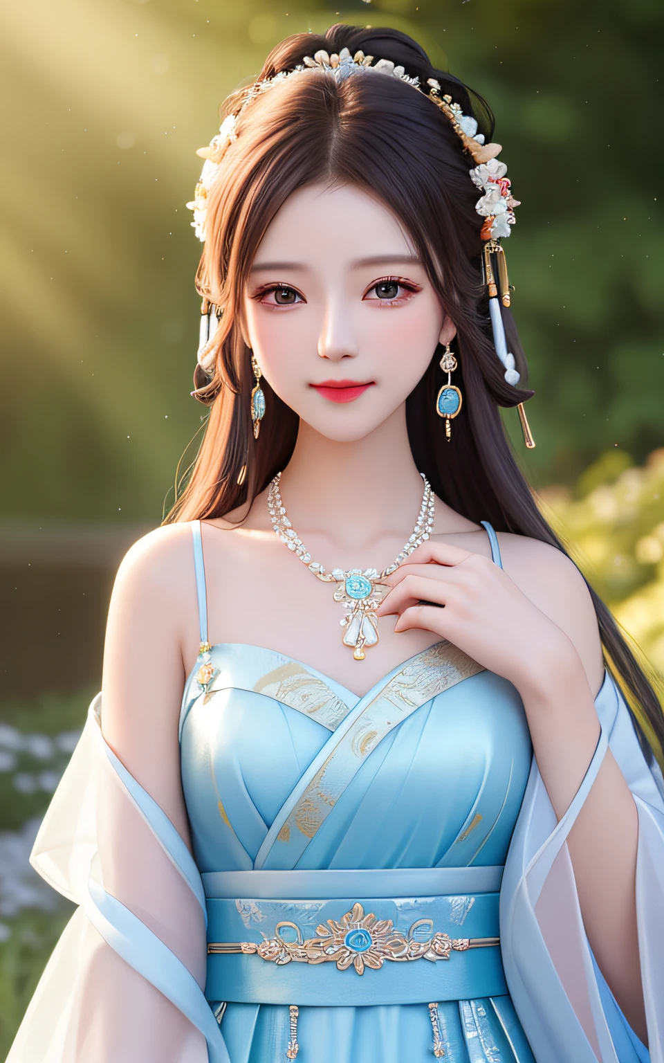 Best quality, masterpiece, high resolution, 1girl, transparent silk porcelain dress, hair accessories, looking at the audience, smiling, closing your mouth, lips, dress, hair accessories, necklaces, jewelry, hanfu, long hair, earrings, beautiful face, on _body, tyndall effect, realism, edge lighting, two-tone lighting, (high detail skin: 1.2), 8k uhd, DSLR, soft light, high quality, volumetric lighting, sneak peek, photo, high resolution, 4k, 8k, background bokeh, In the garden, in the morning