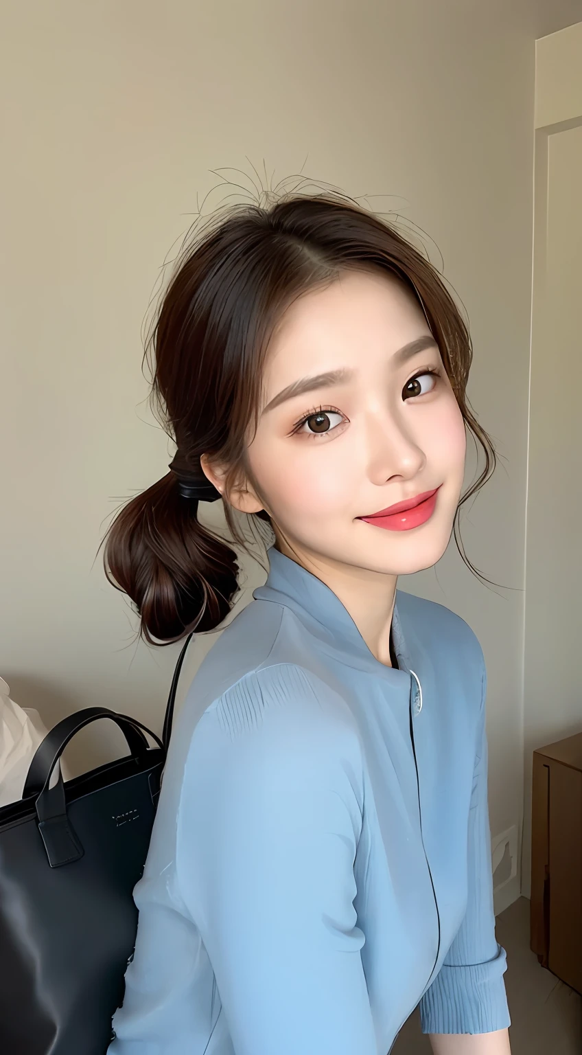 (A Korean woman), 1girl, realism, ((best quality, 8k, masterpiece: 1.3)), Nikon camera, camera aperture F1.2, photo texture, in bedroom, high contrast, (an elegant dress), (face close-up), detailed eyes, long eyelashes, fine skin texture, fine fabric texture, such as a black or dark blue slim dress, paired with a pair of mid-heeled heels, can enhance the temperament. You can match it with a simple short jacket to increase the sense of layering and professionalism, with a simple and elegant handbag, it looks more decent, the hairstyle can choose a simple and neat low ponytail or a smart straight hair, the hair color should choose natural brown or black, the skin tone should choose natural base makeup, with light color eyeshadow and lipstick, it looks more decent and delicate, (snow-white skin), whitened skin, smile