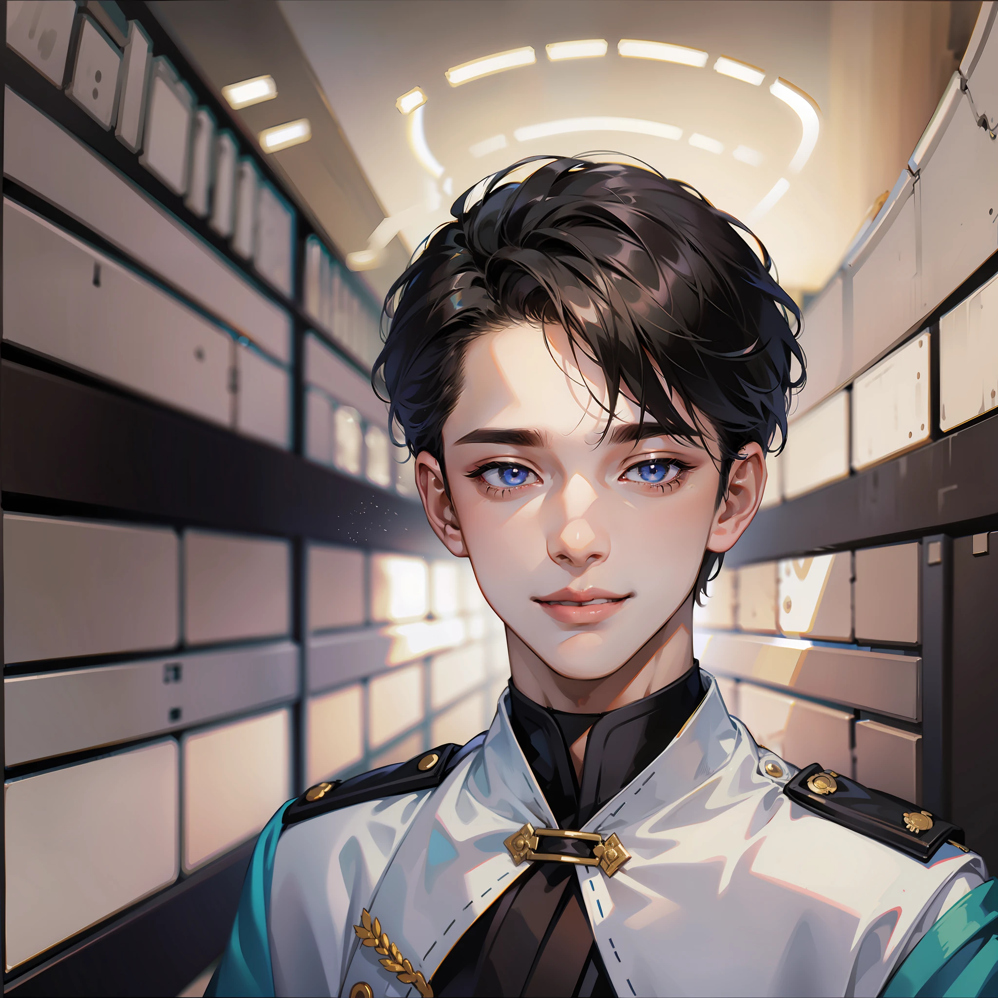 Male, short hair, fine eyes, bachelor uniform, underground passage, end light, bust shot, smile