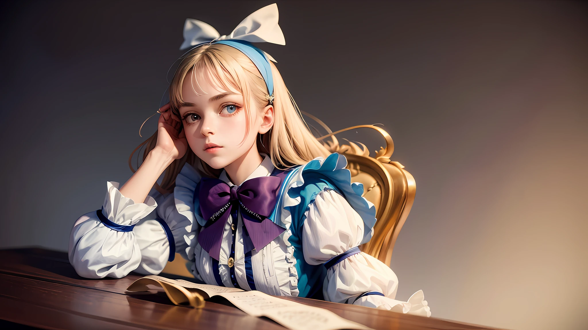 1girl, masterpiece, best quality, 8k, detailed skin texture, detailed cloth texture, beautiful detailed face, intricate details, ultra detailed, Alice in Wonderland, (a bow on her head:1.1), upper body