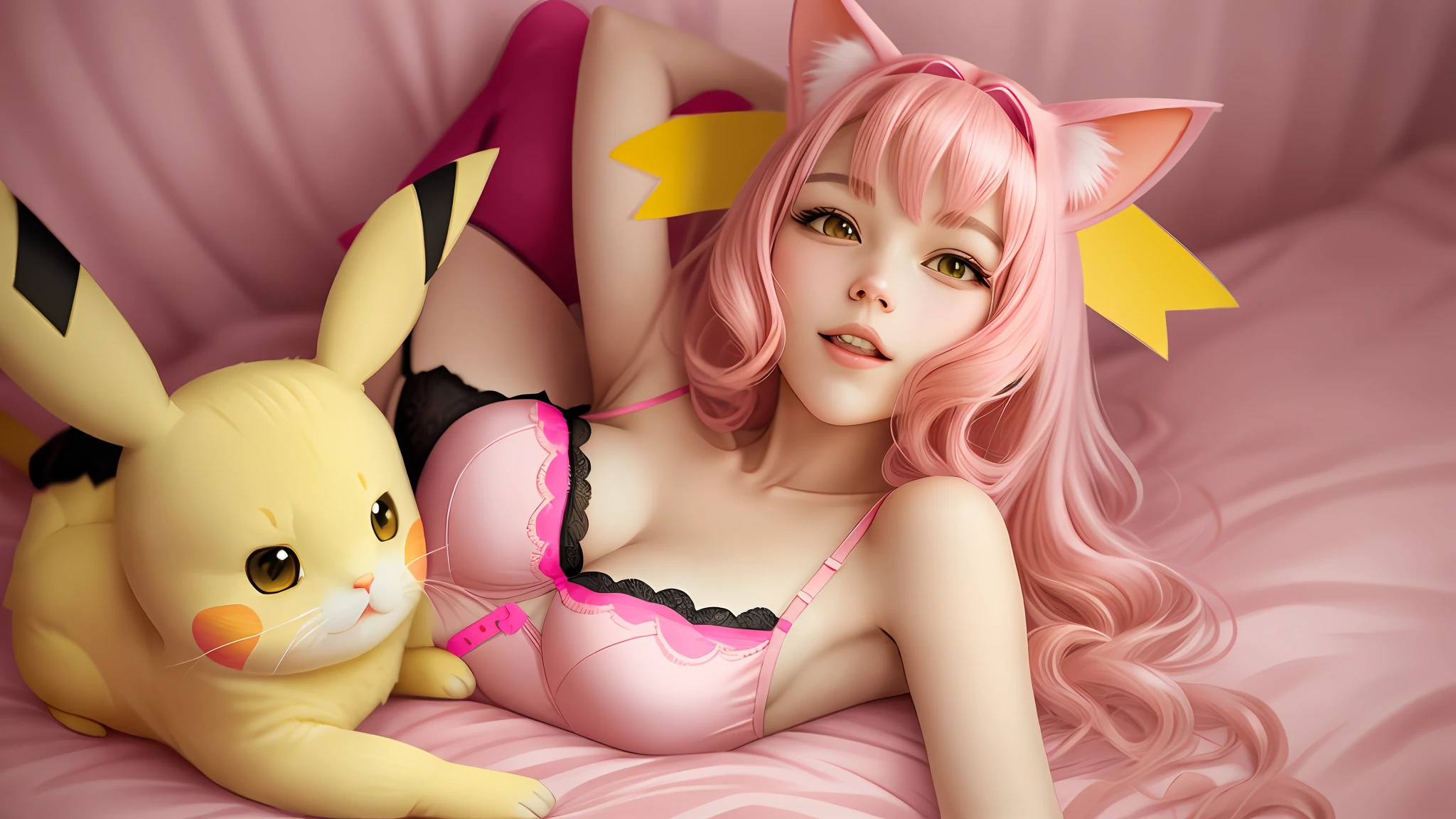 I lingerie pink every long pink pink cat ears and a yellow Pikachu