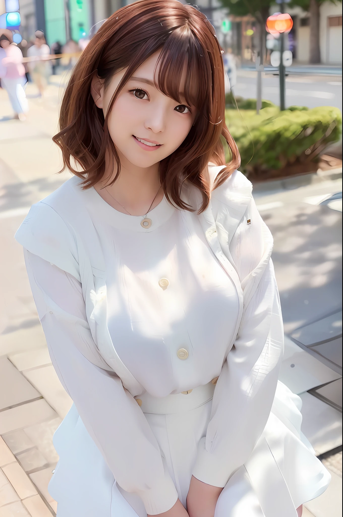(Skin scars: 1.2), (Skin dents), Black eyes, 1 woman, 25 years old, ((((Female))), Solo, Realistic, Best Quality, Photorealistic, Masterpiece, 8K, High Resolution, Solo, Highly Detailed Face, (Professional Lighting, Bokeh), (Light Particles, Lens Flare, Luminous Particles: 0.6), (Dynamic Pose: 1.2), Soft Lighting, Angle View from Above Fashionable and trendy atmosphere, Japan, street, Tokyo, city, ((daytime)), sky, ((viewer's point of view: 1)), (camera perspective), (portrait: 0.6), cowboy shot, gorgeous, standing figure, keep original facial proportions, wide shoulders, full body, (big breasts), (medium hair), brown hair, floating hair, lips, lipstick, seductive smile, floating hair, smile, open mouth , teeth, (white blouse without sleeves), (jumper skirt), eyelashes, moles, (moles under eyes: 1), plump body, plump breasts