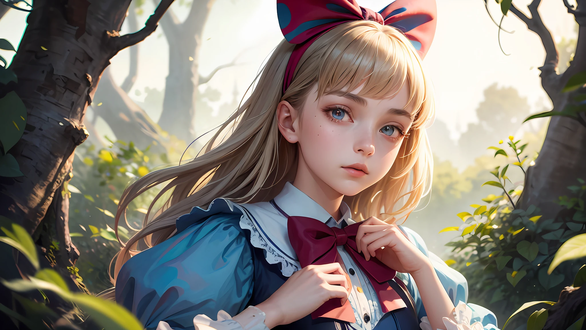 1girl, masterpiece, best quality, 8k, detailed skin texture, detailed cloth texture, beautiful detailed face, intricate details, ultra detailed, Alice in Wonderland, (a bow on her head:1.1), upper body
