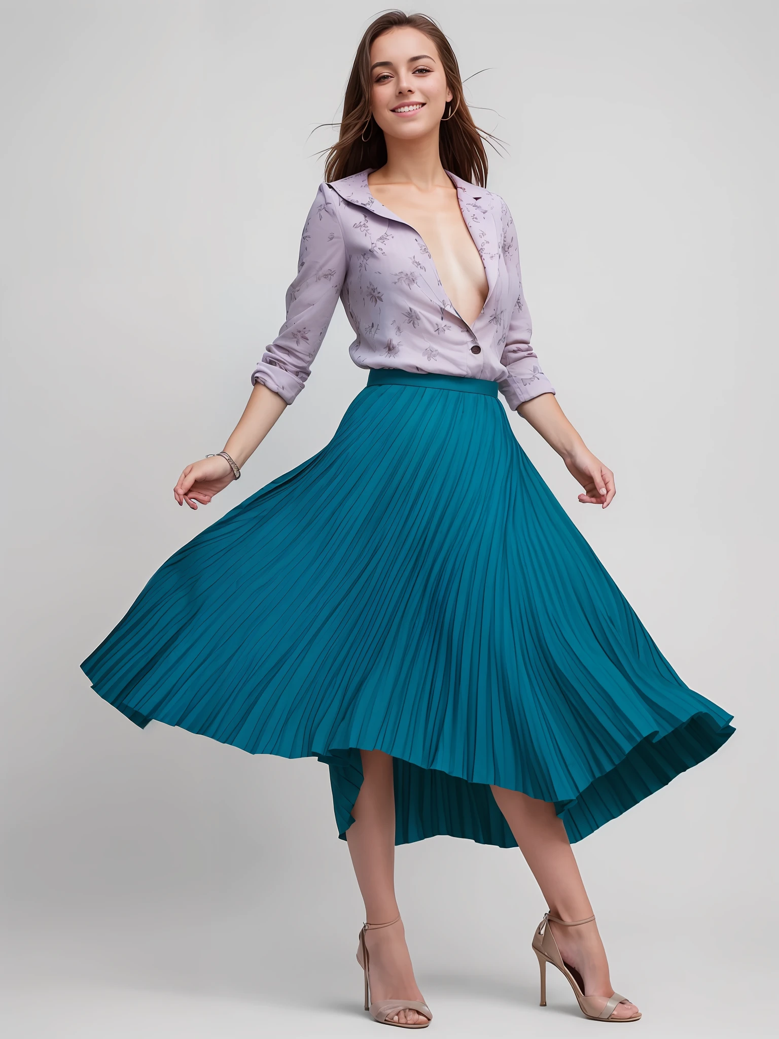(sad eyed:1:1) (flirty smiling:1.4) (shy:1.5) woman wearing (long pleated:1.6) skirt outside and playing with her skirt, dressed in blazer a long fluent windy pleated skirt and simple low heeled office shoes, long pleated skirt, wearing blazer and skirt and shoes, pleated skirt, wearing pleated skirt, wearing long skirt, pleated skirt, blazer, low heels, (large breasts, big boobs:1,9), (shirtless, topless, bare chest:1,9), (flirting:1,5), ((lots of wind, wind blowing, windy conditions:1.3)), epic composition, highly detailed attributes, highly detailed atmosphere, (35mm f1.4 Kodak portra 400 photograph), extremely high quality RAW photograph, detailed background, intricate, Exquisite details and textures, highly detailed, (extremely freckled) skin