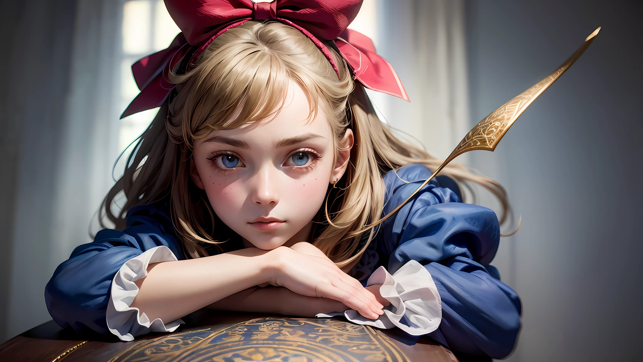1girl, masterpiece, best quality, 8k, detailed skin texture, detailed cloth texture, beautiful detailed face, intricate details, ultra detailed, Alice in Wonderland, (a bow on her head:1.1), upper body