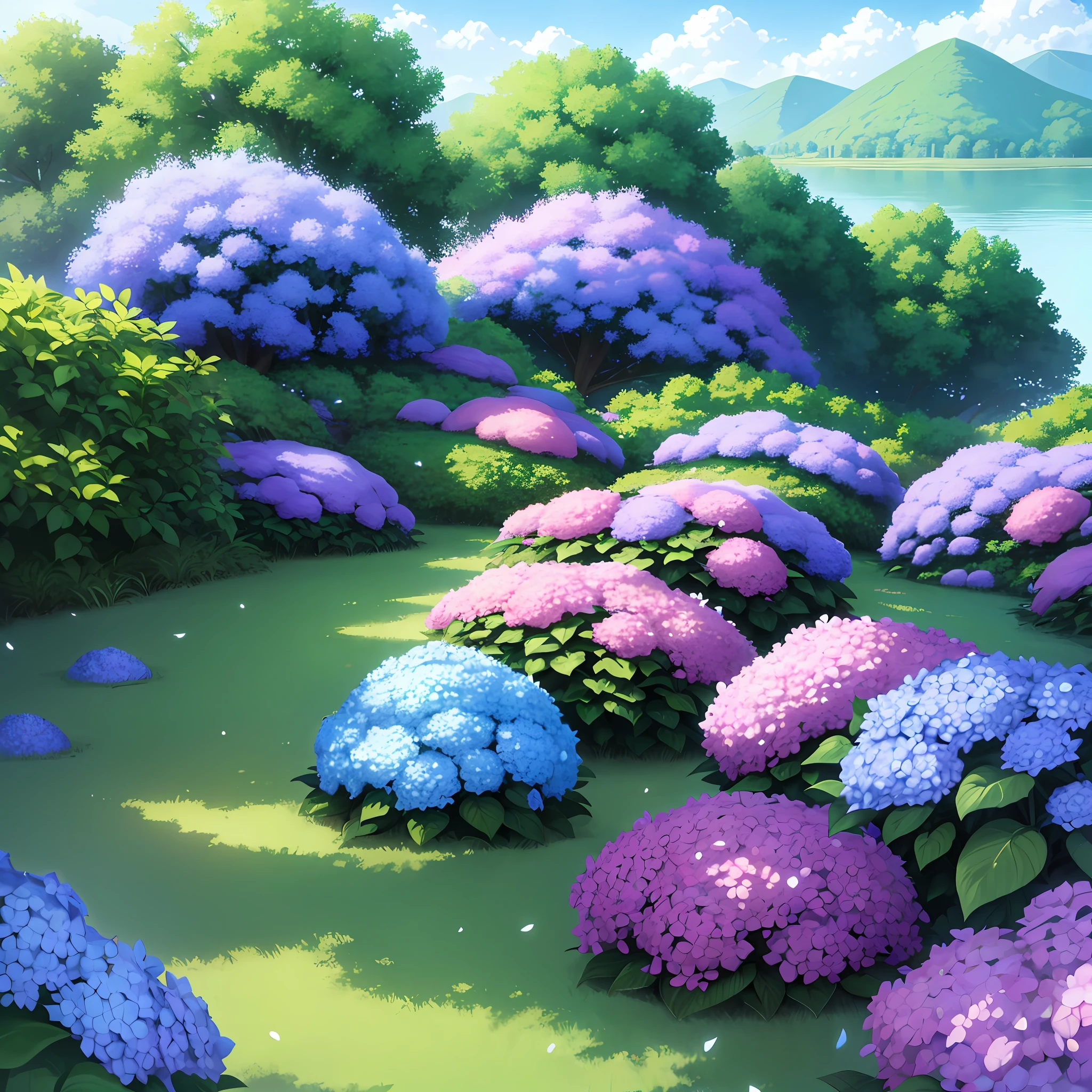 Hydrangeas, park, lake, small hill, pebble path,anime, masterpiece, best quality, anatomically correct, high details, 8K