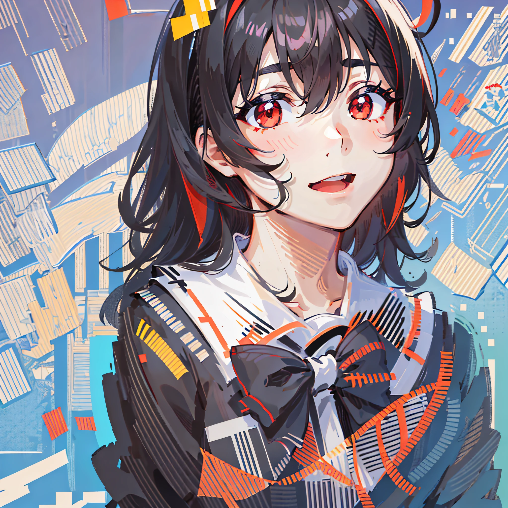 Detailed, best, masterpiece, illustration, wallpaper, 1girl, solo, white bow on upper body,: d, smile, eyeliner, long hair, black hair, (ahoge: 1.2), bangs, hair between eyes, gray inner hair, red eyes, look With audience, black crew neck, black serafuku, long sleeves, dark --v 6