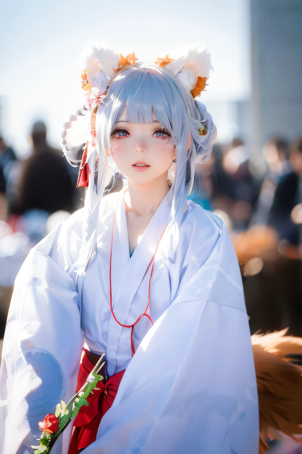 there is a woman with a white dress and a red rose in her hair, anime cosplay, anime girl cosplay, cosplay photo, anime style mixed with fujifilm, cosplay, white haired deity, a beautiful kitsune woman, cosplayer, white cat girl, girl silver hair, nekomimi, anime girl in real life, ayaka cosplay, white hime cut hairstyle