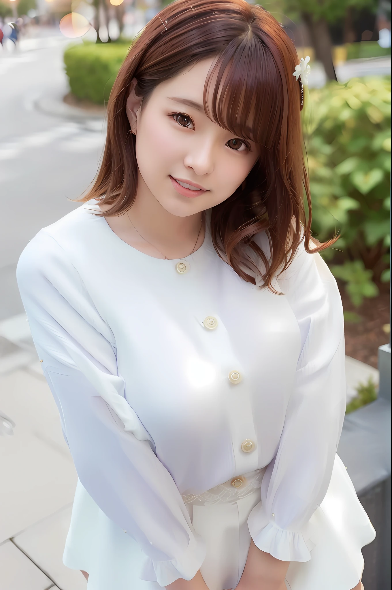 (Skin scars: 1.2), (Skin dents), Black eyes, 1 woman, 25 years old, ((((Female))), Solo, Realistic, Best Quality, Photorealistic, Masterpiece, 8K, High Resolution, Solo, Highly Detailed Face, (Professional Lighting, Bokeh), (Light Particles, Lens Flare, Luminous Particles: 0.6), (Dynamic Pose: 1.2), Soft Lighting, Angle View from Above Fashionable and trendy atmosphere, Japan, street, Tokyo, city, ((daytime)), sky, ((viewer's point of view: 1)), (camera perspective), (portrait: 0.6), cowboy shot, gorgeous, standing figure, maintain original facial proportions, wide shoulders, full body, (big breasts), (medium hair), brown hair, floating hair, lips, lipstick, seductive smile, floating hair, smile, open mouth , teeth, (white blouse without sleeves), (jumper skirt), eyelashes, moles, (moles under the eyes: 1), plump body, plump breasts, ripping breasts, big breasts, intricate lace prom dresses, mini skirts, lace hair ornaments, garden prom, garter stockings, garter belts,