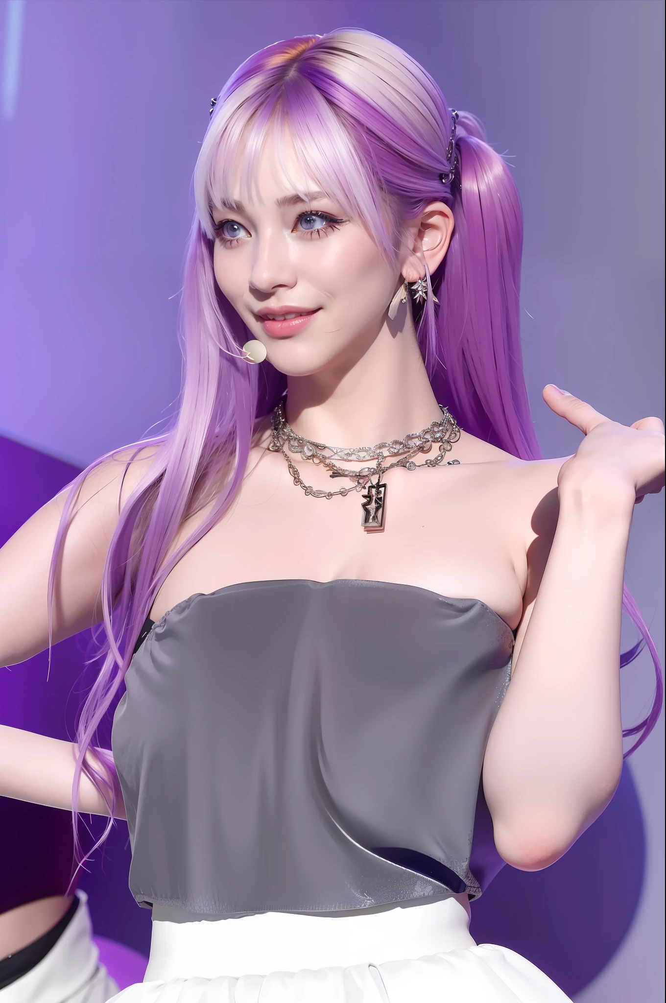 (8k, 4k, best quality, highres:1.1), (realistic, photo-realistic:1.1), 1girl, solo, face, twintails,, bangs, long_hair, necklace, earrings, lips, eyeshadow, jewelry, ( Looking in audience: 1.8), thin shoulder straps, details, high contrast, purple hair, big breasts, white skirt