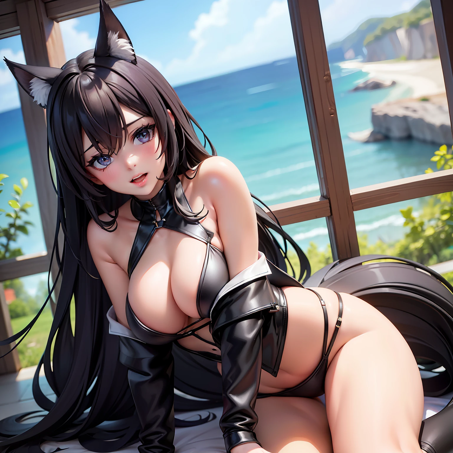 (extremely detailed background) (best quality), (highest quality), (masterpiece),1girl,adult woman anime in a black outfit in front of a window, open window, fine details, oppai, azur lane, adult woman seductive anime, cushart krenz key art female, girls frontline universe, azur lane style, alone, fox ears and foxtail, big ass,fox tail, fox ear,  Big breasts, thick thighs, seductive smile, beautifully detailed eyes, extremely detailed clothes,mature, exposed chest, breasts out, black hair, extremely detailed face, extremely detailed body, detailed texture, big ass, highres, partially naked, looking at the viewer, NSFW, tight black bikini, sexy black lingerie, open legs, solo, solo focus, brown eyes, semi naked, open mouth, 8k,