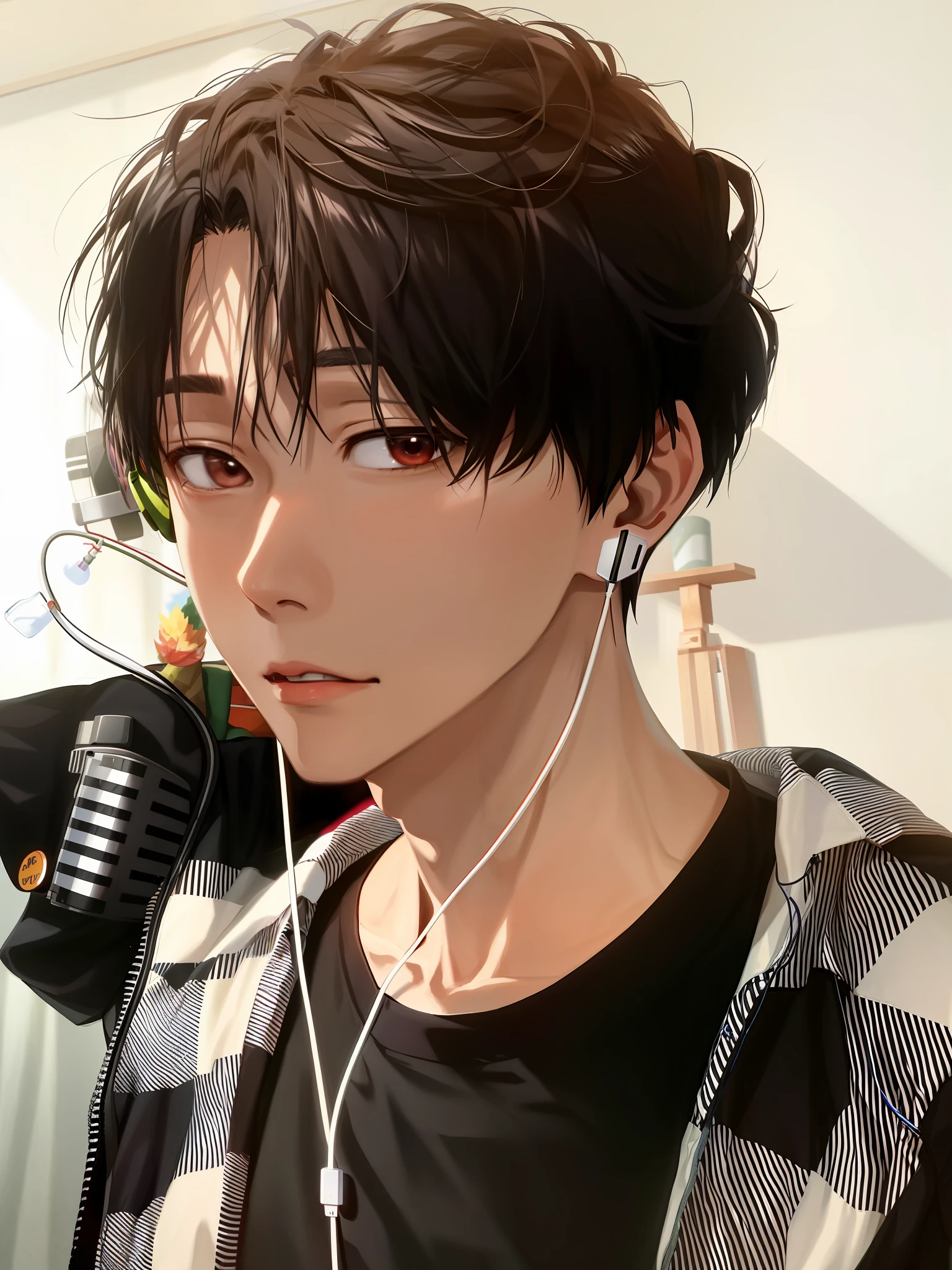 arafed man with earphones and a plaid shirt in a room, hong june hyung, taejune kim, jinyoung shin, yanjun chengt, hyung tae, jaeyeon nam, male ulzzang, by Kanbun Master, black haired yoongi, with head phones, seseon yoon, with short hair, with headphones, inspired by jeonseok lee, jungkook