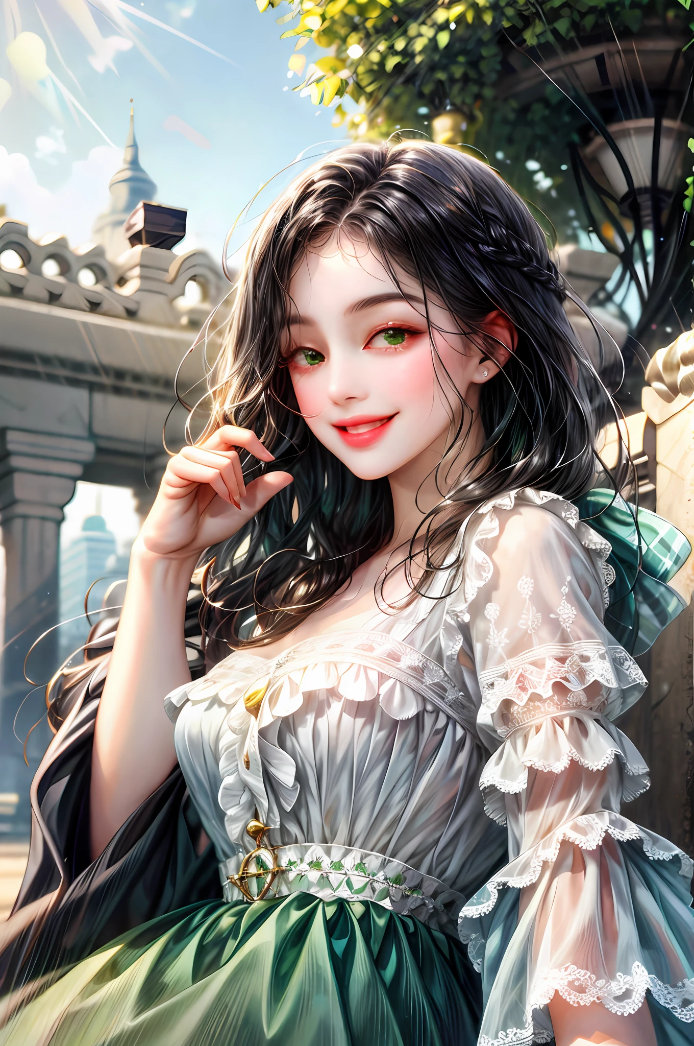 medium black hair and green eyes, chubby doll,free, charming smile,