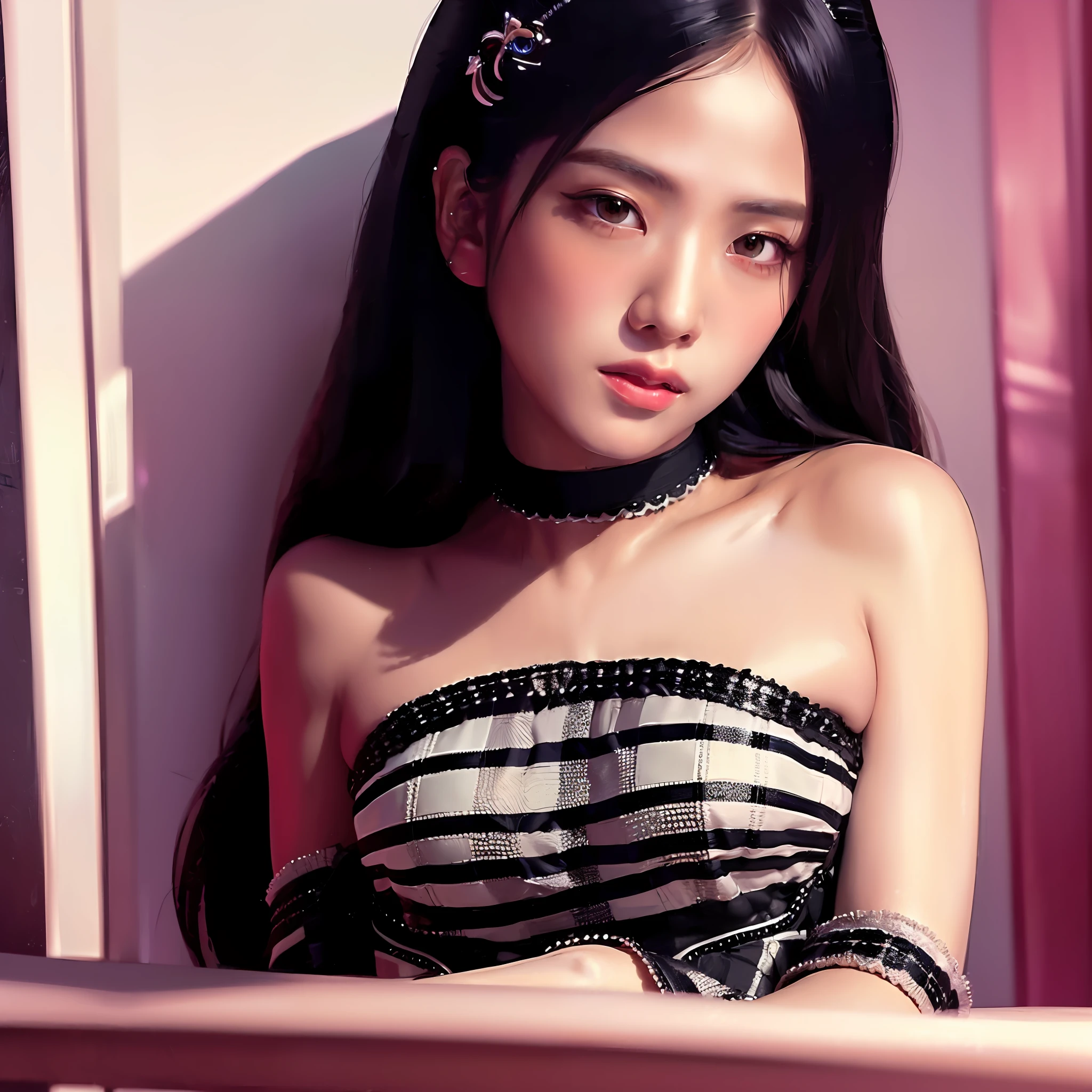 ((masterpiece)), best quality, very detailed face, super high resolution, (realism: 1.4), amazing, fine details, huge file size, correct exposure, 1 girl, slim body, long black hair, big breasts, white skirt
