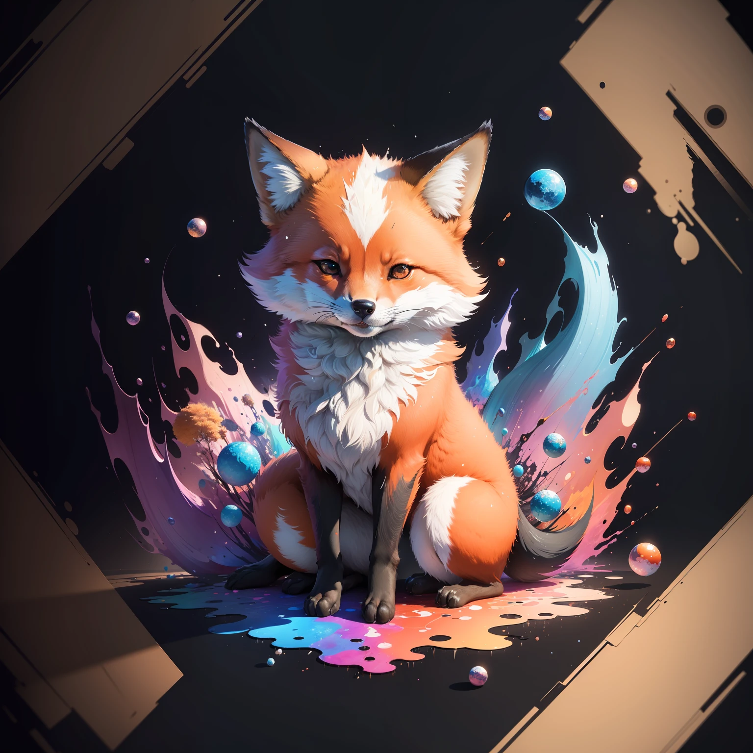 in the style of 0mib, adorable japanese fox, prismatic shards, reflecting fractal circles, ink spatter, melting brush strokes, particles vortex, dramatic lighting, high quality, beautiful, masterpiece