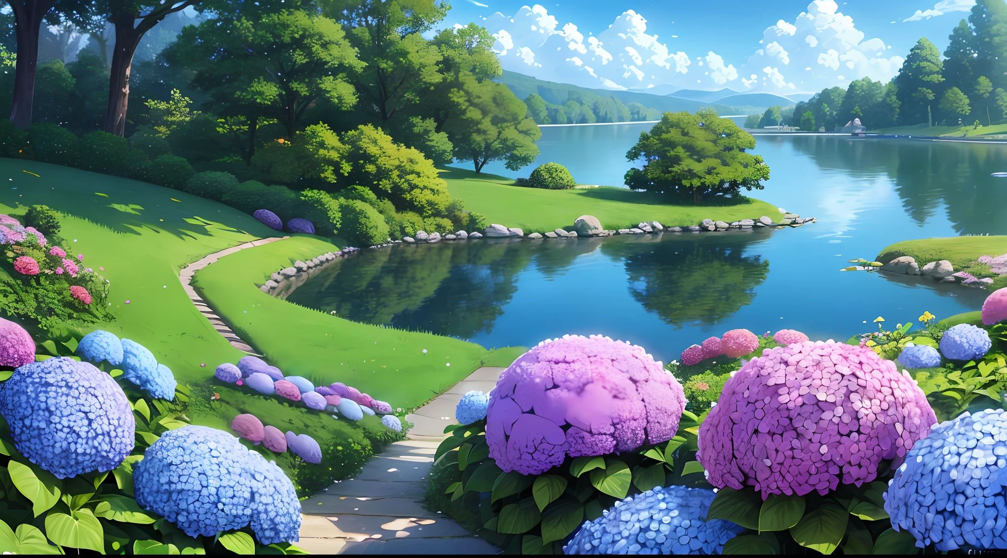 Hydrangeas, park, lake, small hill, pebble path,anime, masterpiece, best quality, anatomically correct, high details, 8K, wallpaper
