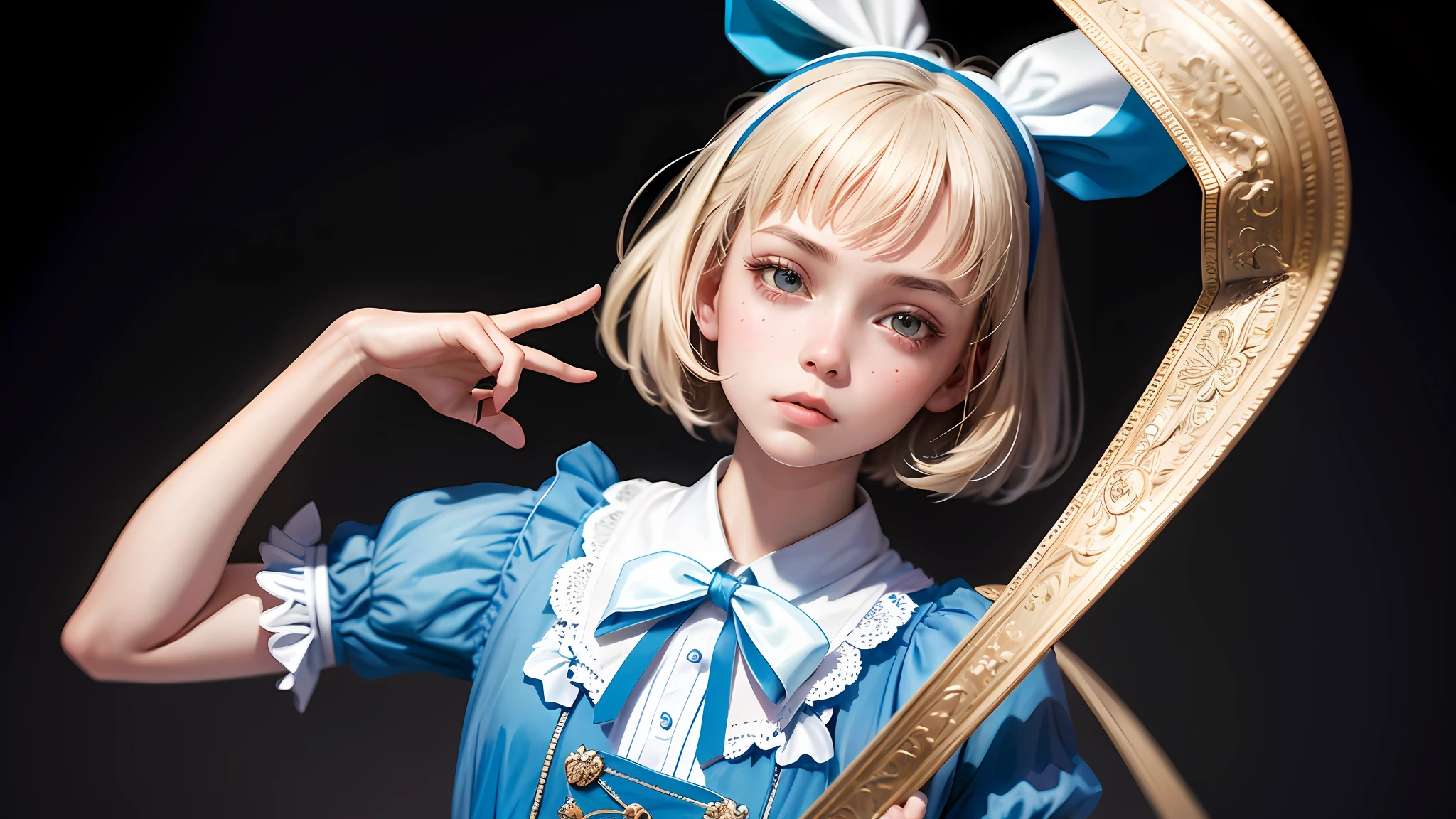 1girl, masterpiece, best quality, 8k, detailed skin texture, detailed cloth texture, beautiful detailed face, intricate details, ultra detailed, Alice in Wonderland, (a bow on her head:1.1), upper body