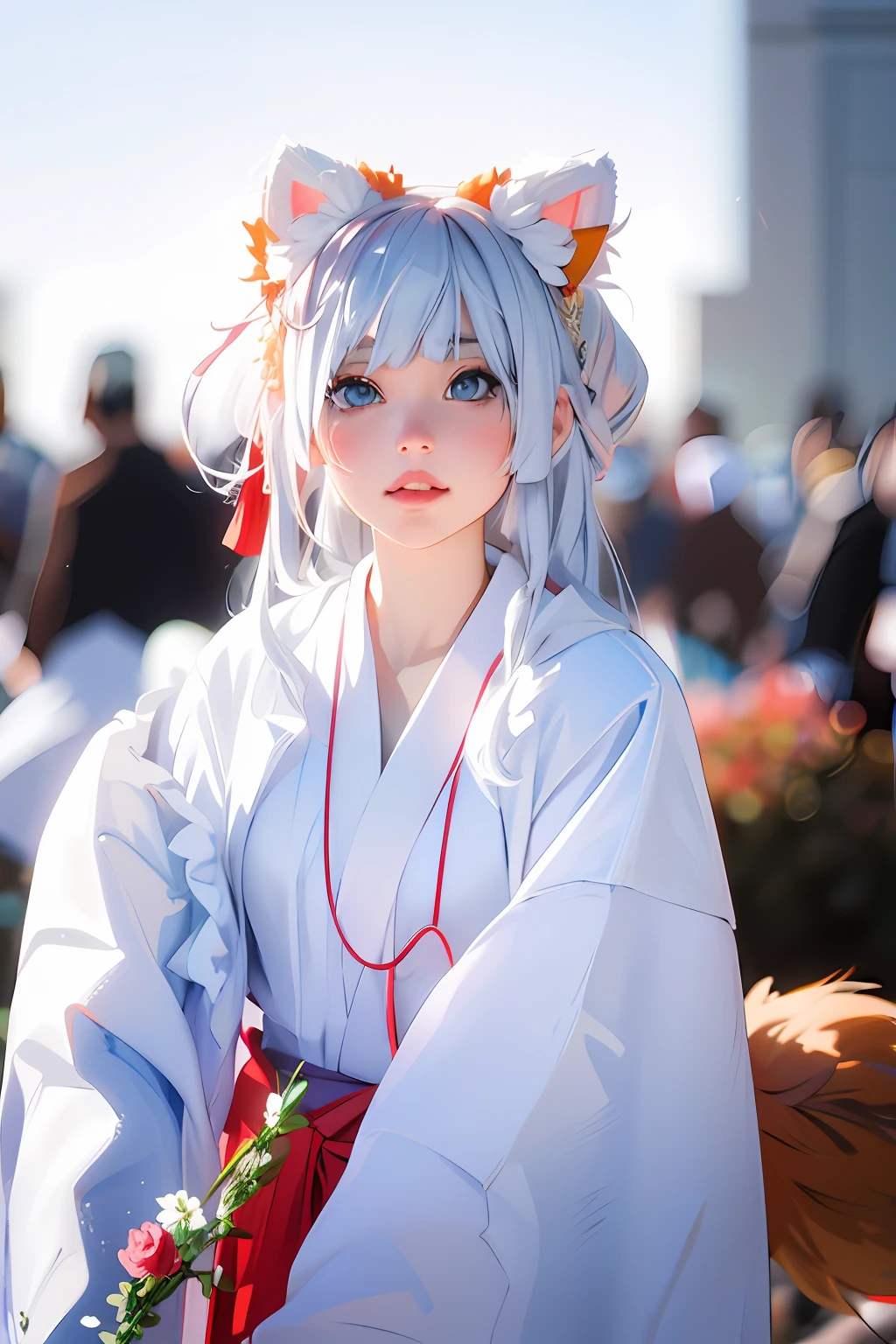 there is a woman with a white dress and a red rose in her hair, anime cosplay, anime girl cosplay, cosplay photo, anime style mixed with fujifilm, cosplay, white haired deity, a beautiful kitsune woman, cosplayer, white cat girl, girl silver hair, nekomimi, anime girl in real life, ayaka cosplay, white hime cut hairstyle