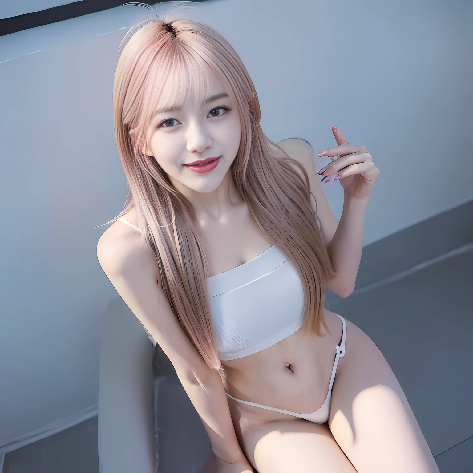 (Highly detailed CG Unity 8k wallpaper, masterpiece, top quality, super detail), (best lighting, best shadow, very delicate and beautiful), floating, high saturation, dynamic angle, (((1girl)), gorgeous, ningguang \(Genshin impact\), pale pink hair, smile with white teeth, very long hair, hair ornament, bangs, sit on a chair, raise legs