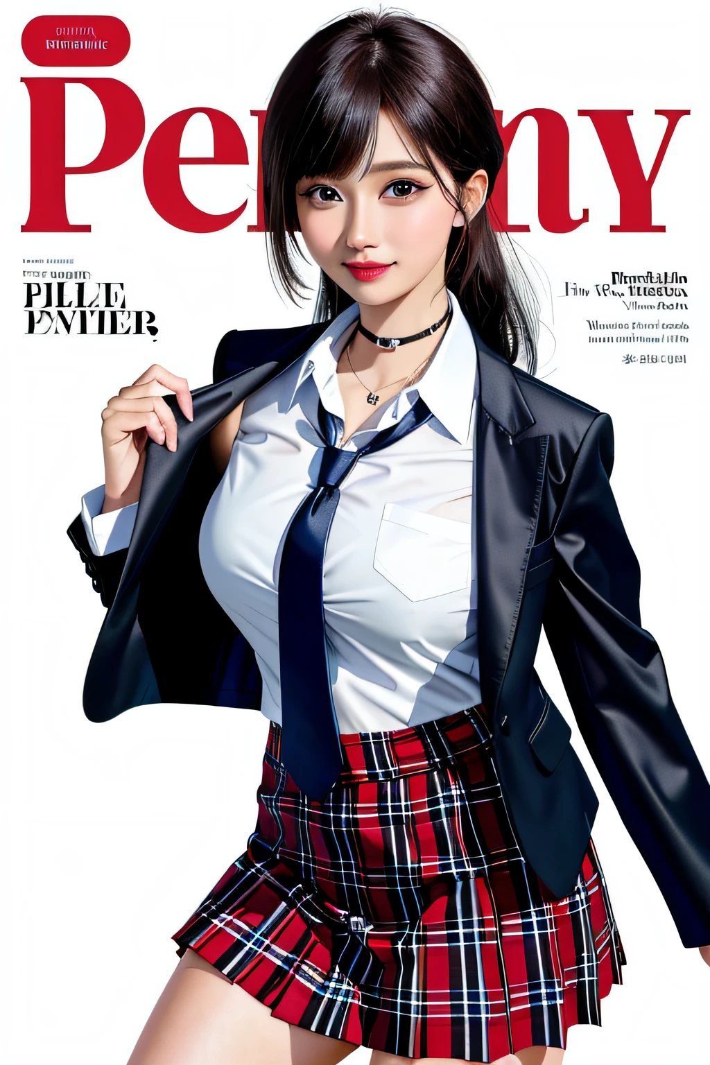 masterpiece, best quality, full body, 1girl, bangs, black choker, black necktie, black hair, blue skirt, blush, bracelet, breasts, choker, clothes around waist, collarbone, collared shirt, cowboy shot, dress shirt, ear piercing, eyebrows visible through hair, gradient hair, grin, gyaru, jewelry, kogal, long hair, looking at viewer, loose necktie, necktie, piercing, plaid, plaid skirt, pleated skirt, red eyes, ring, school uniform, shirt, skirt, smile, solo, white shirt, street, sky, cherry blossoms, petals,illustration, (magazine:1.3), (cover-style:1.3), fashionable, woman, vibrant, outfit, posing, front, colorful, dynamic, background, elements, confident, expression, holding, statement, accessory, majestic, coiled, around, touch, scene, text, cover, bold, attention-grabbing, title, stylish, font, catchy, headline, larger, striking, modern, trendy, focus, fashion,