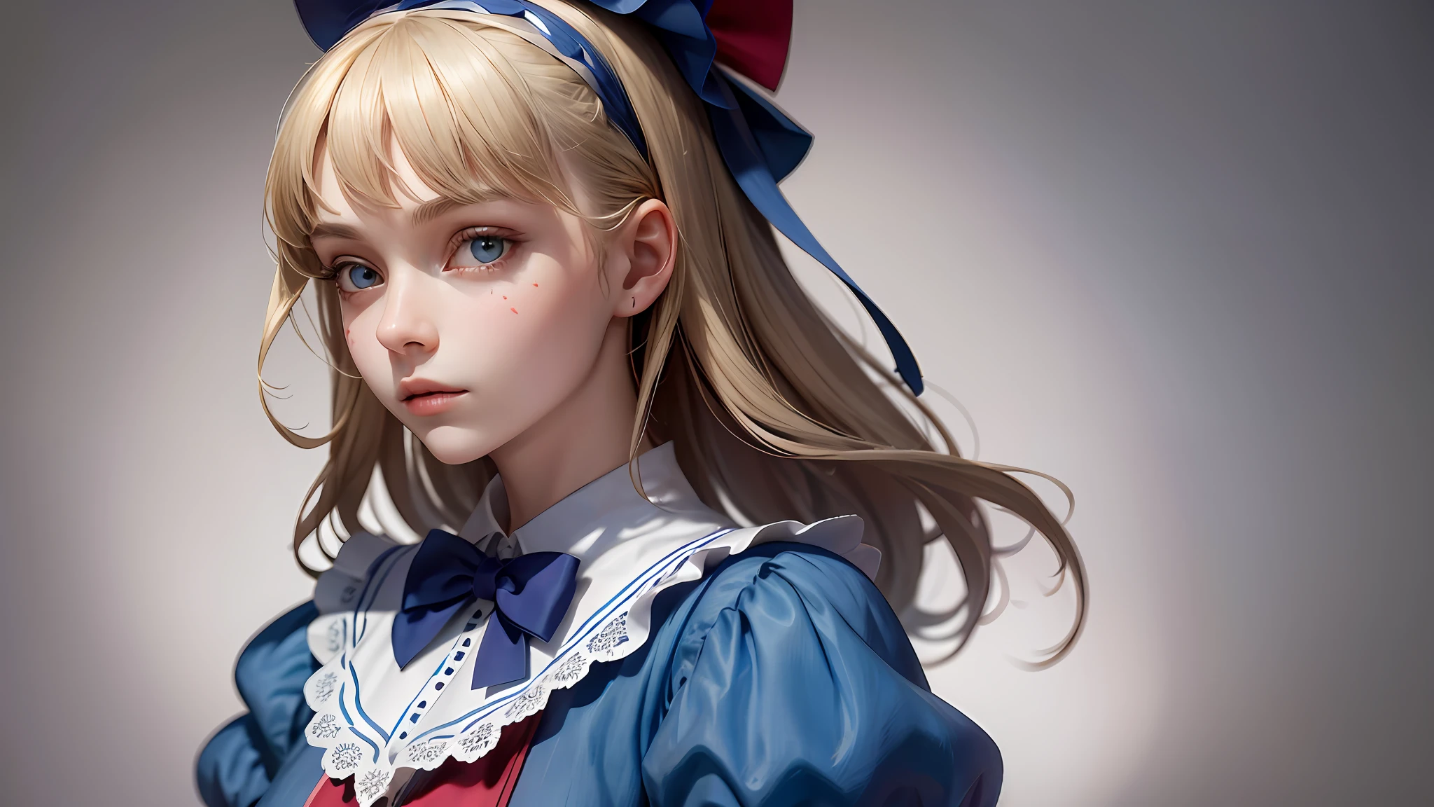 1girl, masterpiece, best quality, 8k, detailed skin texture, detailed cloth texture, beautiful detailed face, intricate details, ultra detailed, Alice in Wonderland, (a bow on her head:1.1), upper body